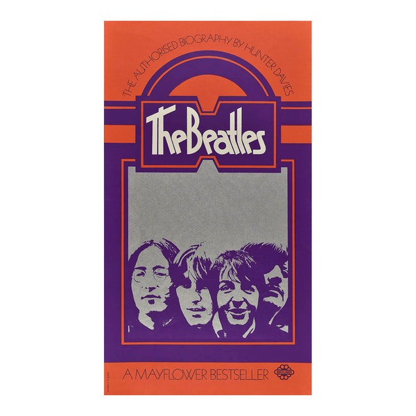 in-store promotional poster for the The Beatles: The Authorised Biography, by British author Hunter Davies, 1968. The poster features a silvered photograph of the Beatles against an orange/red and purple background