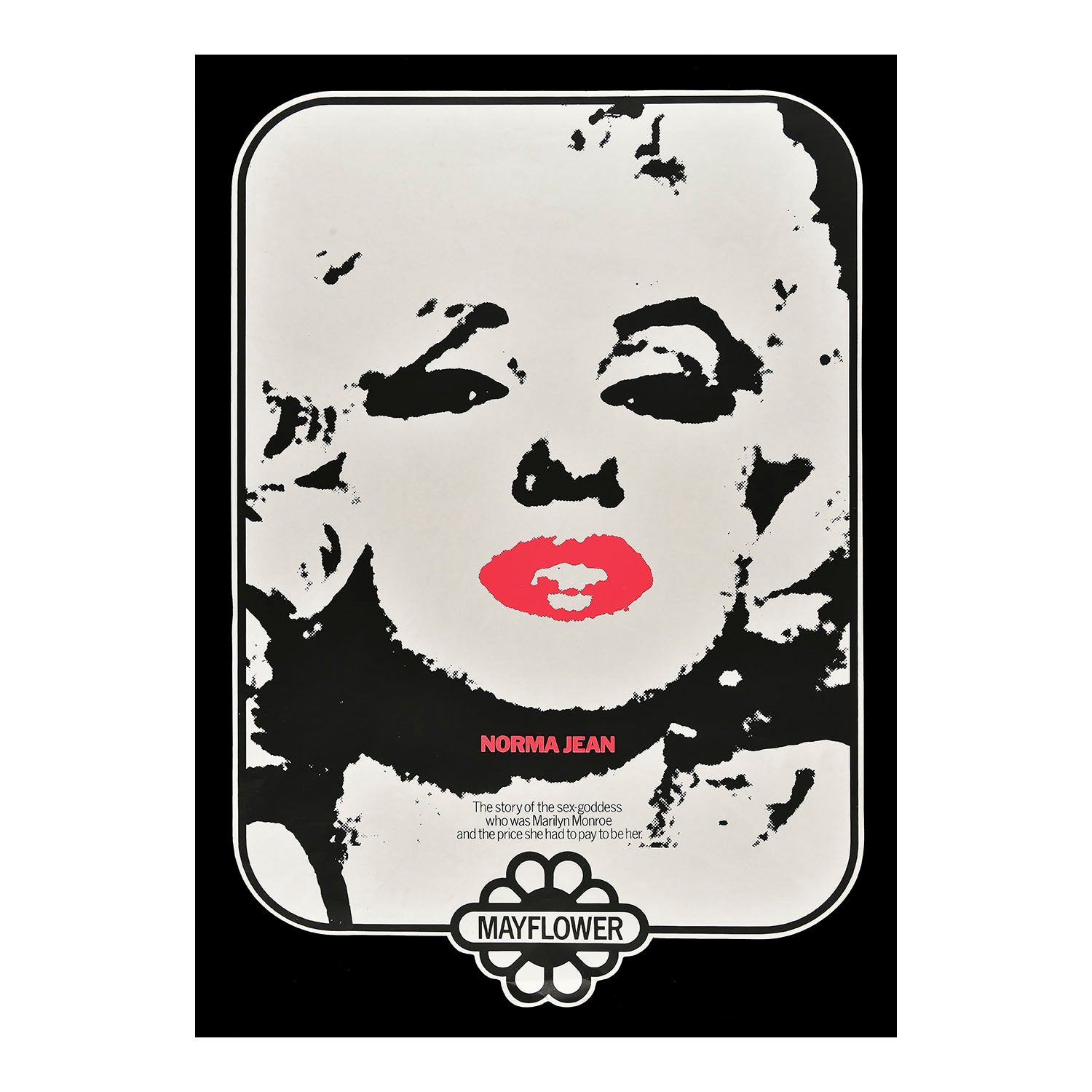original, in-store promotional poster for Norma Jean: the life of Marilyn Monroe, by Fred Lawrence Guiles, 1969. The poster, photographed here against a black background, shows Monroe within a curved frame and cut out decal of the publisher’s logo