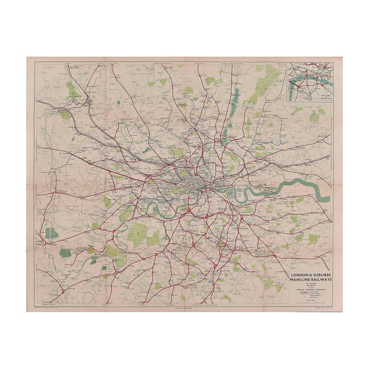 An original Railway Executive poster map of the Greater London Area, showing main line, suburban and London Transport routes, 1951. The map incudes an enlarged diagram of the ‘City Area’ (top right) 