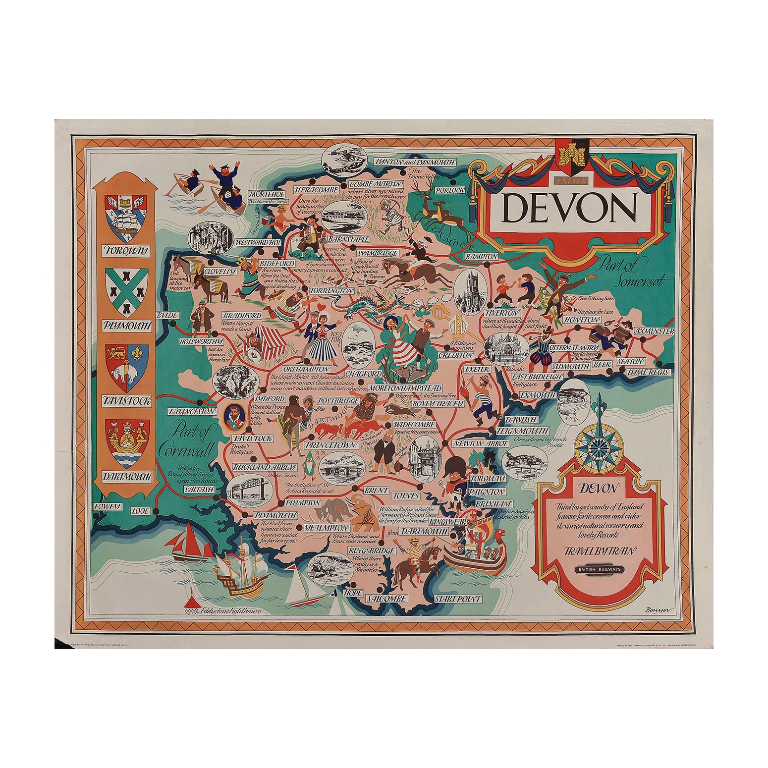 British Railways (Western Region) poster map for Devon, full of period detail and charm. The design, by Bowyer, combines beautifully drawn vignettes of places of interest with cartoon illustrations of the county’s history.