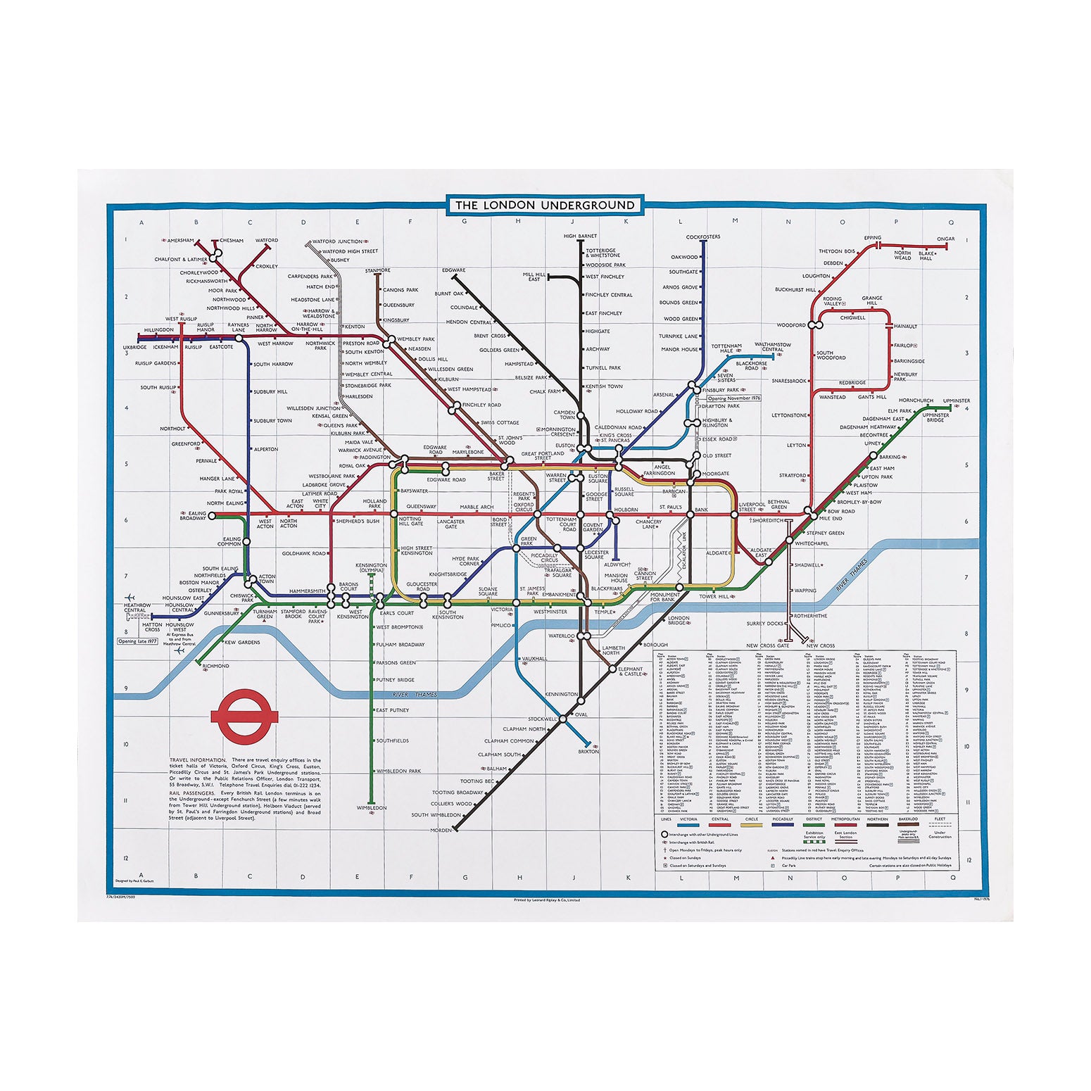 Original station poster map version of the famous London Underground Tube diagram, 1976. The map shows the entire Tube map, with the Piccadilly extension to Heathrow as 'opening late 1977' and the first stage of the "Fleet" Line (later renamed the ‘Jubilee Line’) from Baker Street to Trafalgar Square as 'under construction'