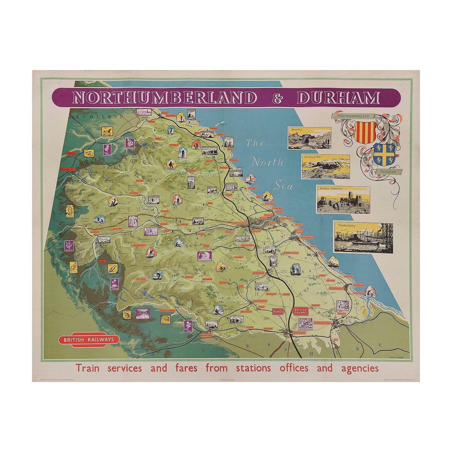 Original British Railways decorative poster map of Northumberland and Durham by Donald Blake, c. 1955. An uncommon, large format, station poster map, featuring vignettes of places to visit drawn in a modern style. The poster includes the crests of Northumberland and Durham, together with four large inserts advertising ‘Rambling’, ‘Roman Wall’, ‘Durham Cathedral’, and ‘Shipbuilding’.