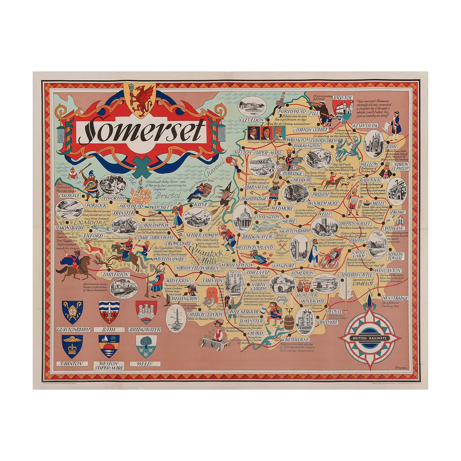 Original British poster map for Somerset. The design, by Bowyer, combines beautifully drawn vignettes of places of interest with cartoon illustrations of the county’s history. Includes the crests of Glastonbury, Bath, Bridgwater, Taunton, Weston Super-Mare and Wells