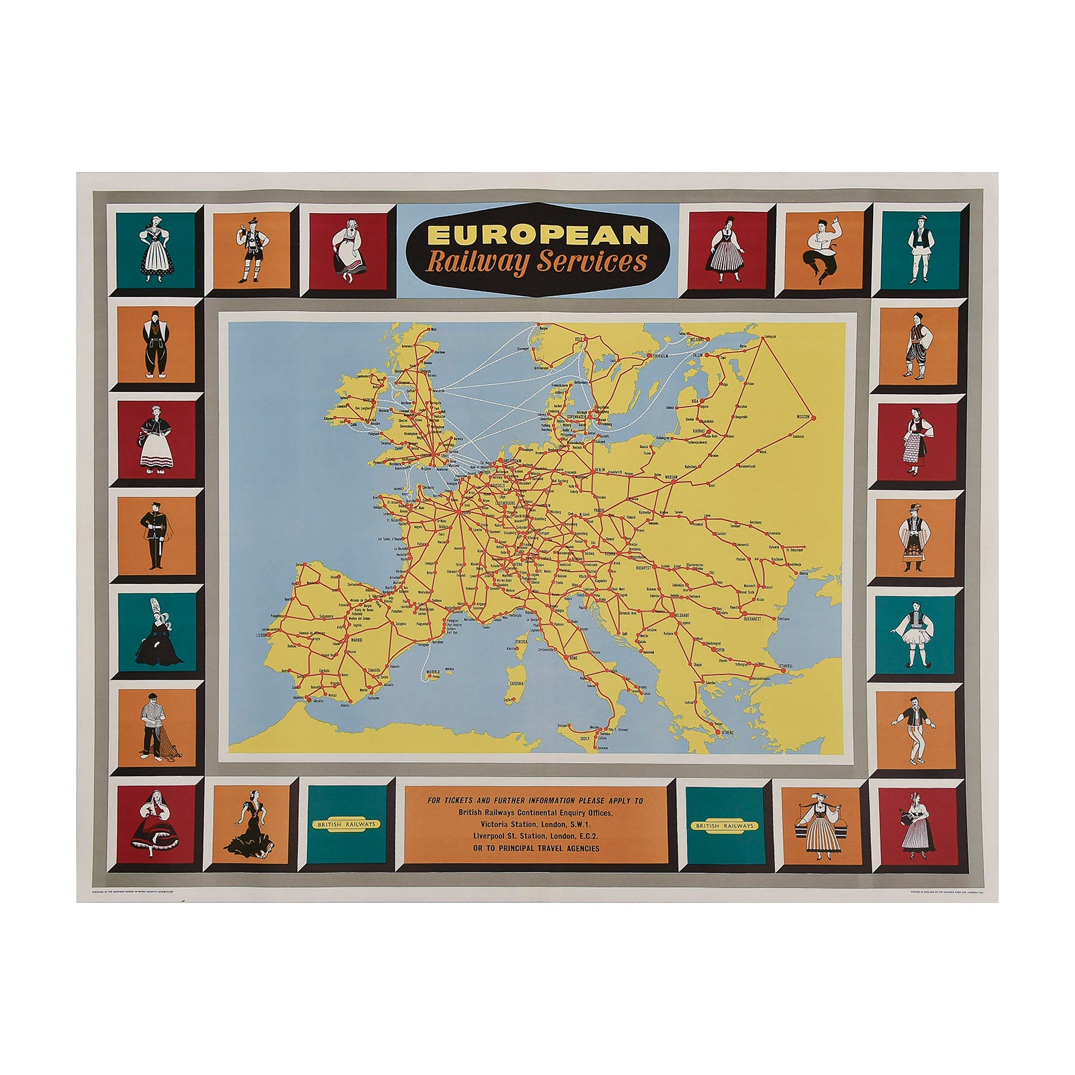 British Railways (Southern Region) station poster map promoting ‘European Railway Services’, 1963. The poster shows the mainline European rail contained within a decorative border depicting characters in national dress representing twenty countries and regions