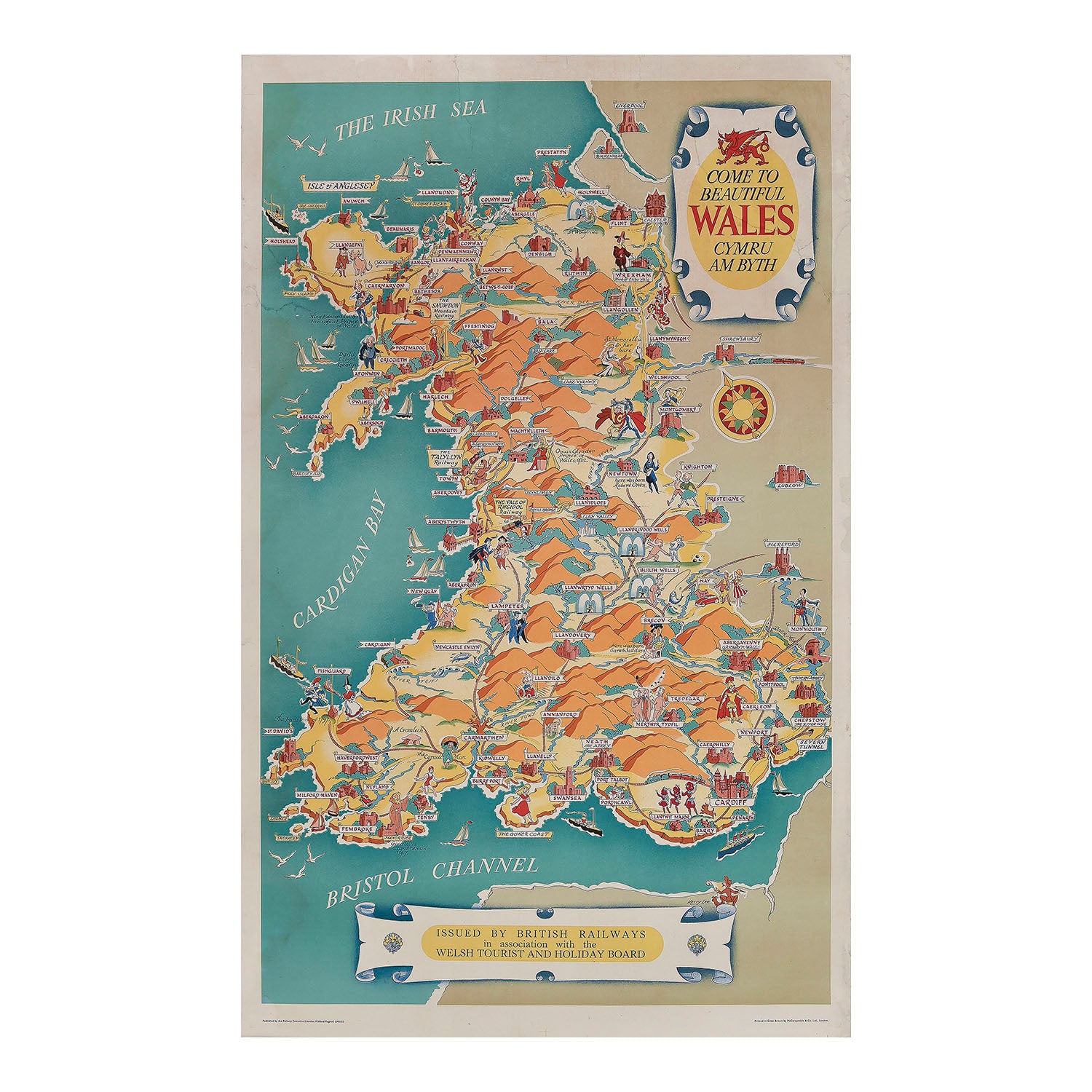 pictorial poster map of Wales by Kerry Lee, issued by British Railways and the Welsh Tourist and Holiday Board, c.1950. Depictions of historical buildings, famous people, places to visit etc.