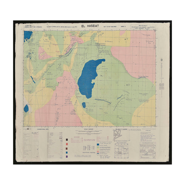 Original Second World War rolled map of El Haseiat, scale 1:250,000. Map shows the area around El Haseiat, southeast of Ajdabiya, in northern Libya, including populated places, tracks, named landing grounds, ruins, graves, salt lakes, wadis, wells and other water sources, sand dune areas, vegetation and terrain features