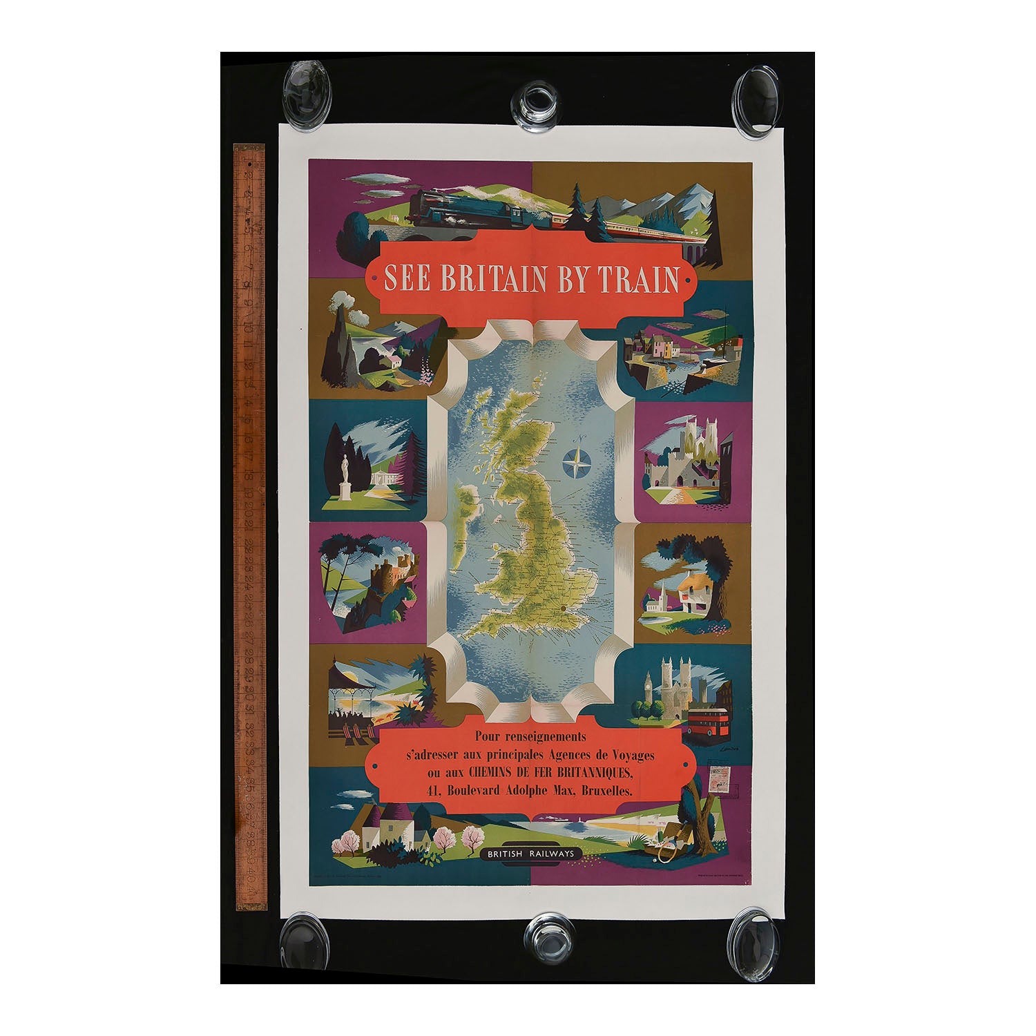 See Britain by Train – an original vintage poster map commissioned by British Railways and designed by Reginald Lander, 1955. The poster, which was printed for the French/Belgian tourist market, includes several charming vignettes of places to see including London, the Lake District, the Scottish Highlands, Kentish Oast Houses and a typical seaside scene