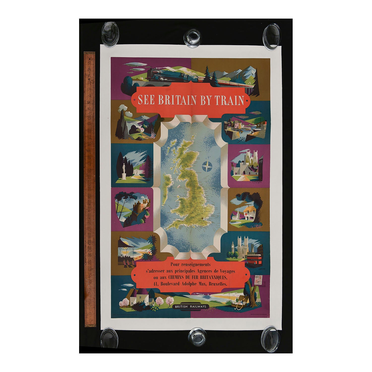 See Britain by Train – an original vintage poster map commissioned by British Railways and designed by Reginald Lander, 1955. The poster, which was printed for the French/Belgian tourist market, includes several charming vignettes of places to see including London, the Lake District, the Scottish Highlands, Kentish Oast Houses and a typical seaside scene