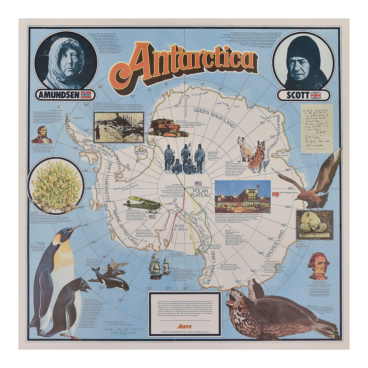 original promotional map of Antarctica published by the confectioner Mars c.1981. The design features an accurate map of the region (scale 145 miles to the inch), with images supplied by the Royal Geographic Society of famous polar explorers, research centres and wildlife. 