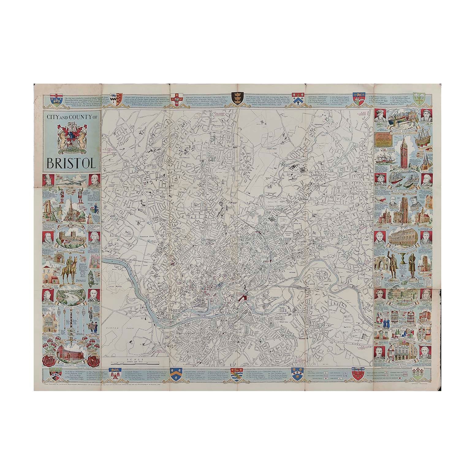 folding map of the City and County of Bristol, published by the Bristol Development Department ‘on the occasion of the visit of the British Association for the Advancement of Science’, 1955. The map unfolds to show a scaled street map of Bristol (1 mile to 4 inches), within a broad decorative border illustrated with famous people associated with the city and places to see
