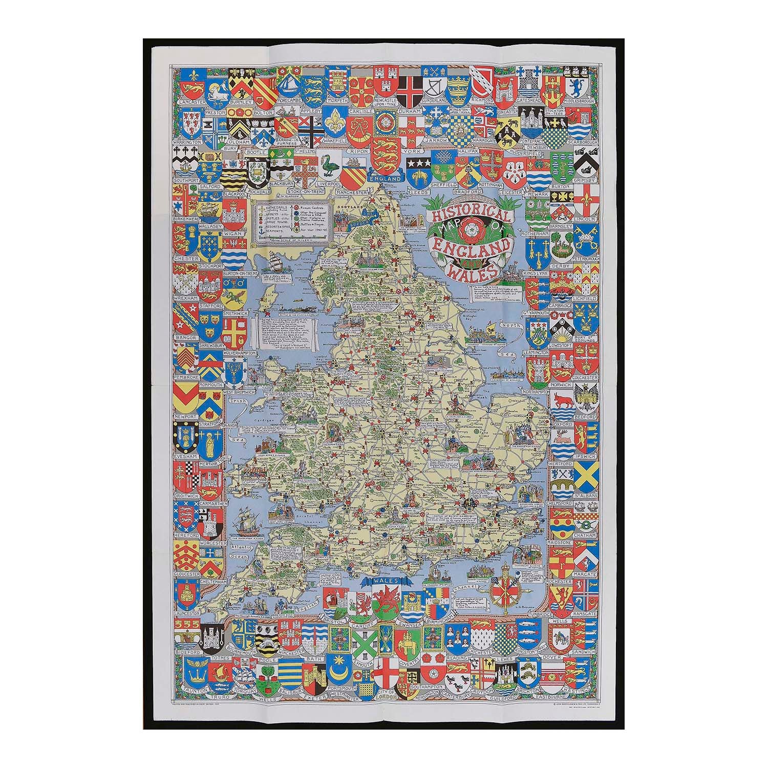 folding promotional map published by Shell Oil, Shell Historical Map of England and Wales, 1971. Illustrated card cover, opening to an impressive pictorial map illustrating places and characters in British history, decorated with the coats of arms of the main cities and towns