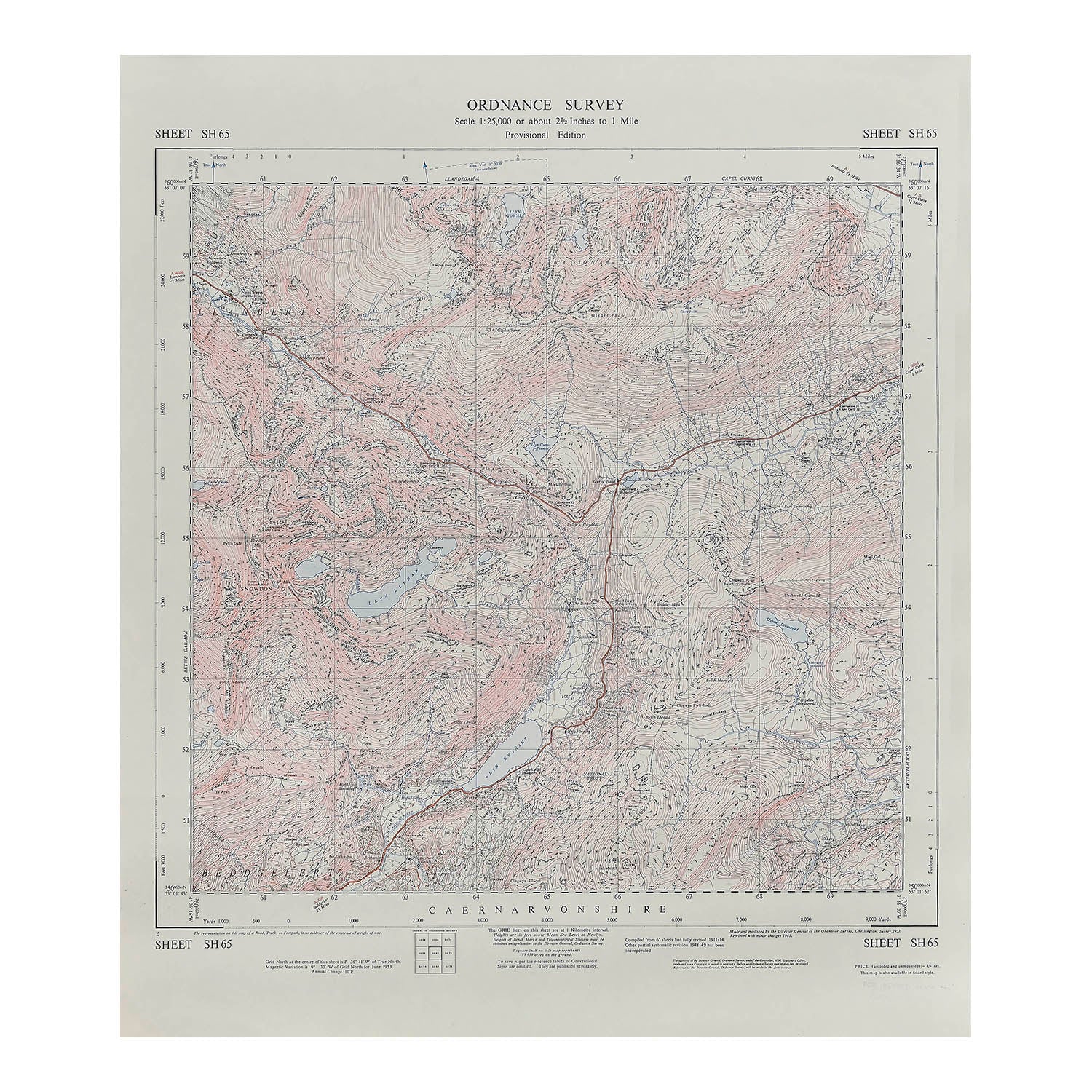 Ordnance Survey map of Caernarvonshire (Sheet SH 65), 1:25,000 scale. First published 1953, revised edition 1961. Map shows the summit of Snowdon (with mountain railway marked), Llanberis, Llyn Gwynant and Llyn Llydaw