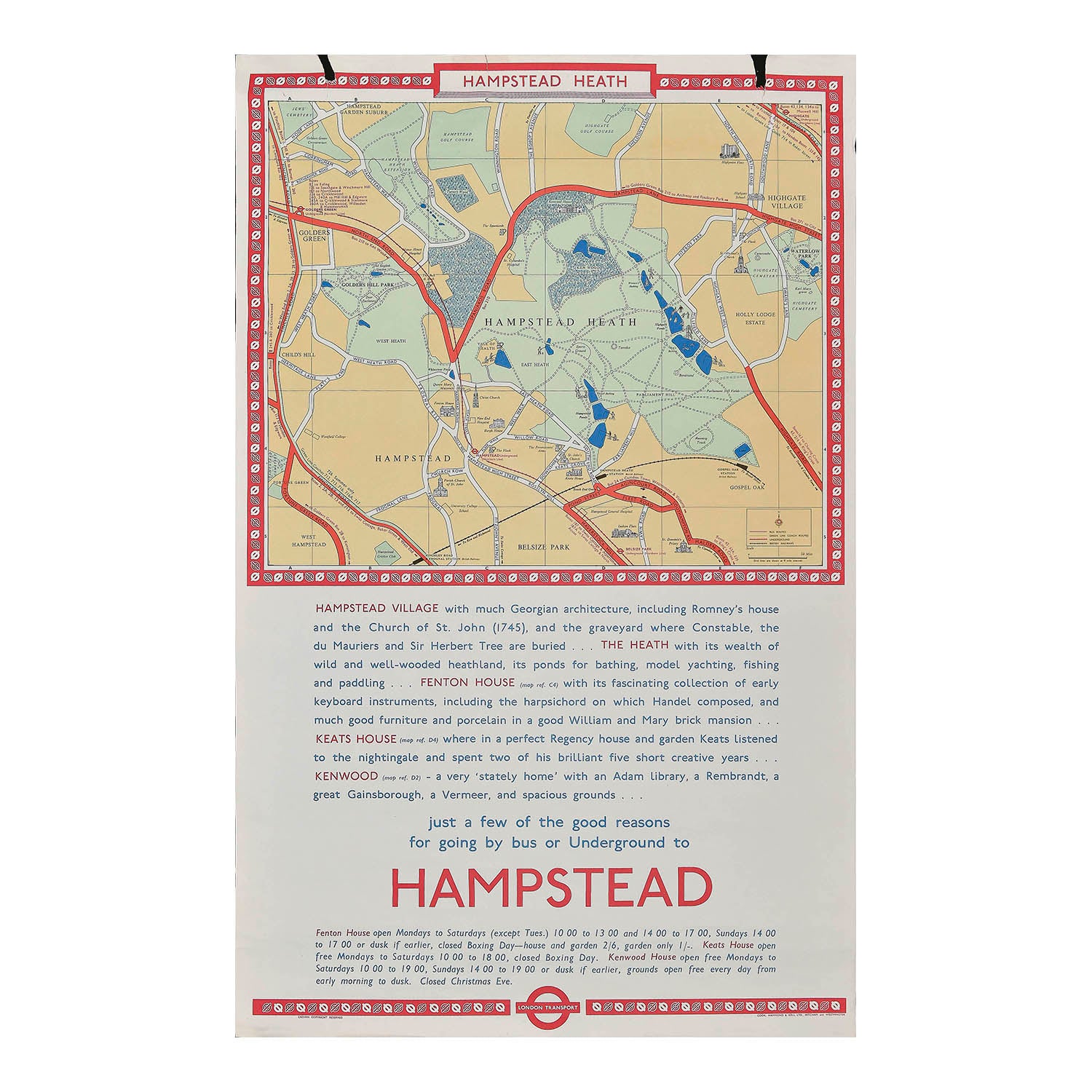London Transport travel poster advertising services to Hamsptead Heath and the surrounding area, 1961. The poster features a map of Hampstead Heath and nearby attractions, including Golders Hill Park, Highgate Cemetery, Waterlow Park, Hampstead Golf Club and Highgate Golf Club. Prominent places of interest are also illustrated, with travel information at the base for Fenton House, Keats House and Kenwood. Contained within a decorative border