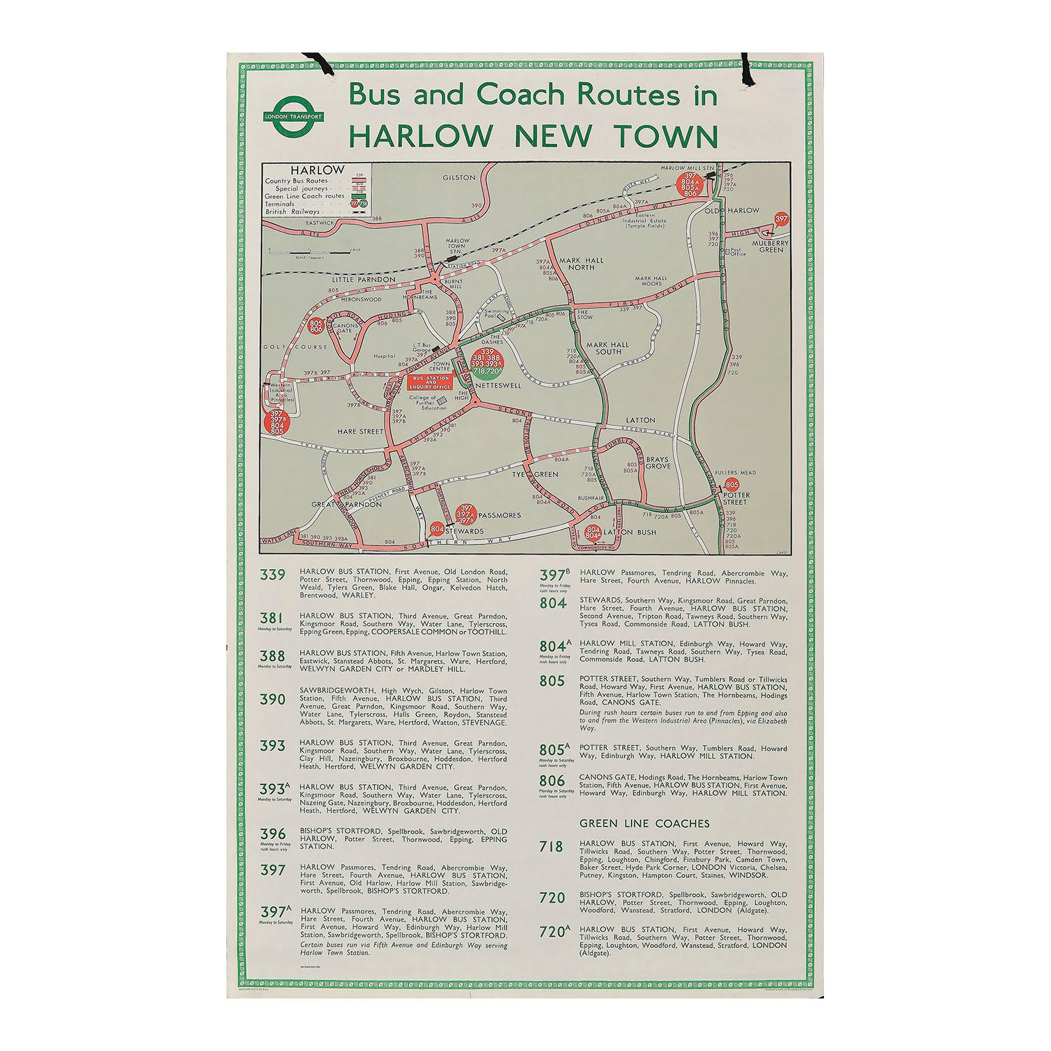 London Transport travel poster advertising bus and coach routes to Harlow New Town, 1960. The design features a map of the local area, including the British Railways station at Harlow Town.