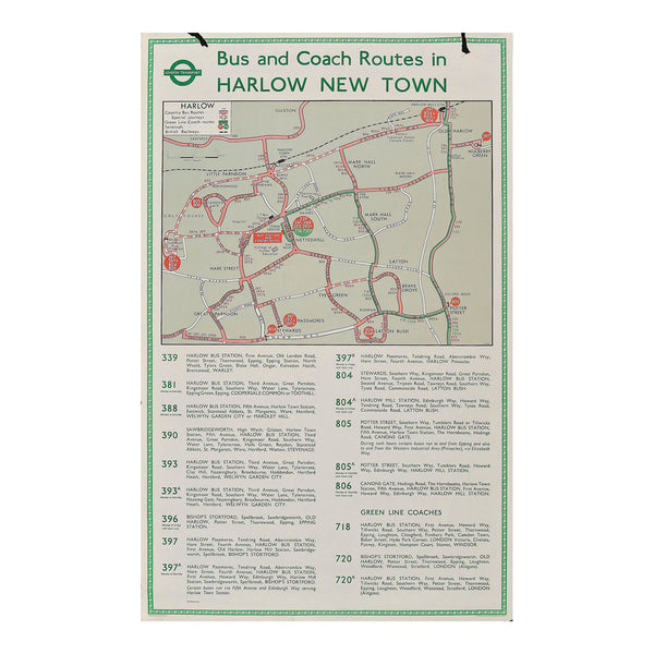 London Transport travel poster advertising bus and coach routes to Harlow New Town, 1960. The design features a map of the local area, including the British Railways station at Harlow Town.
