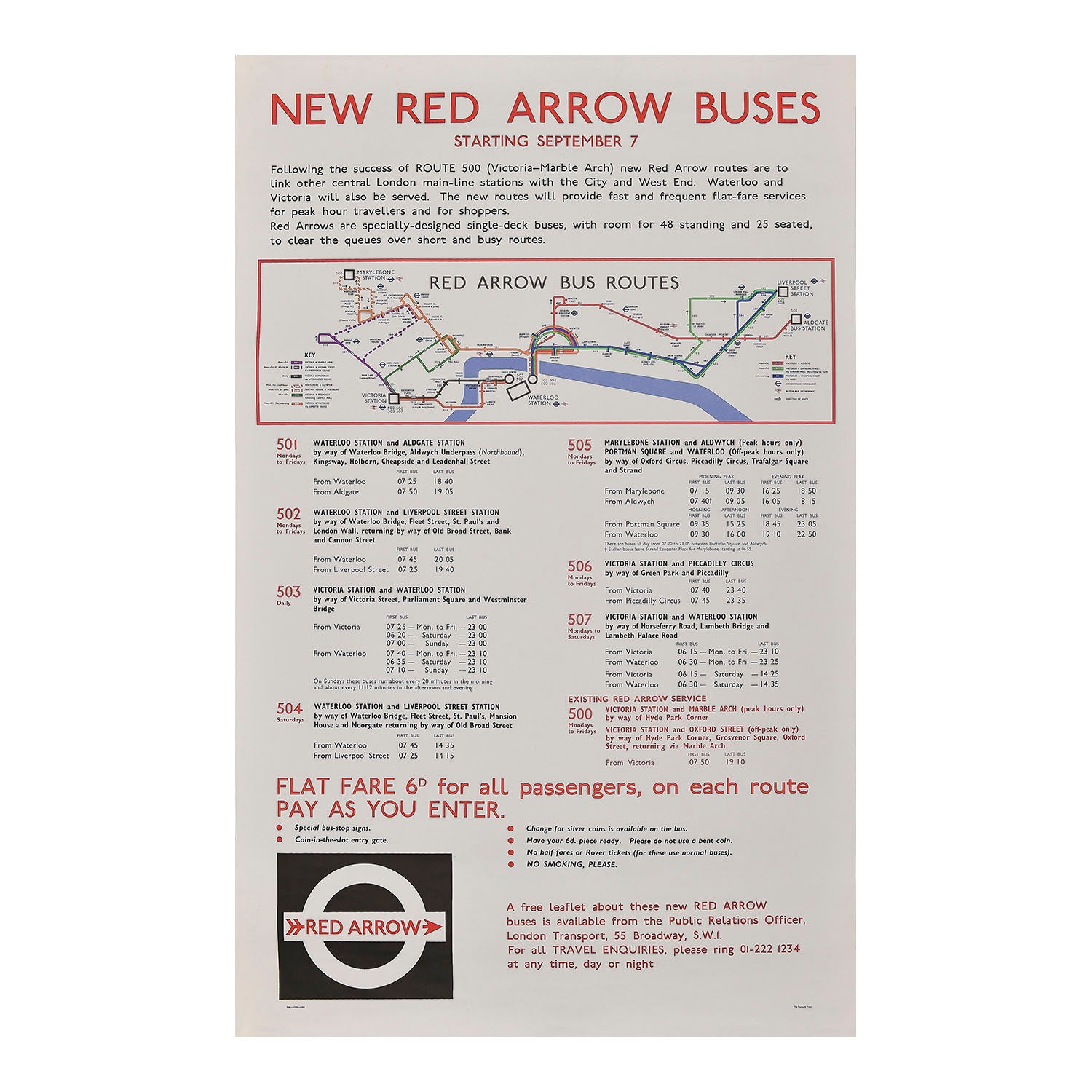 London Transport travel poster advertising the extension of the express Red Arrow Bus Service, 1968. 