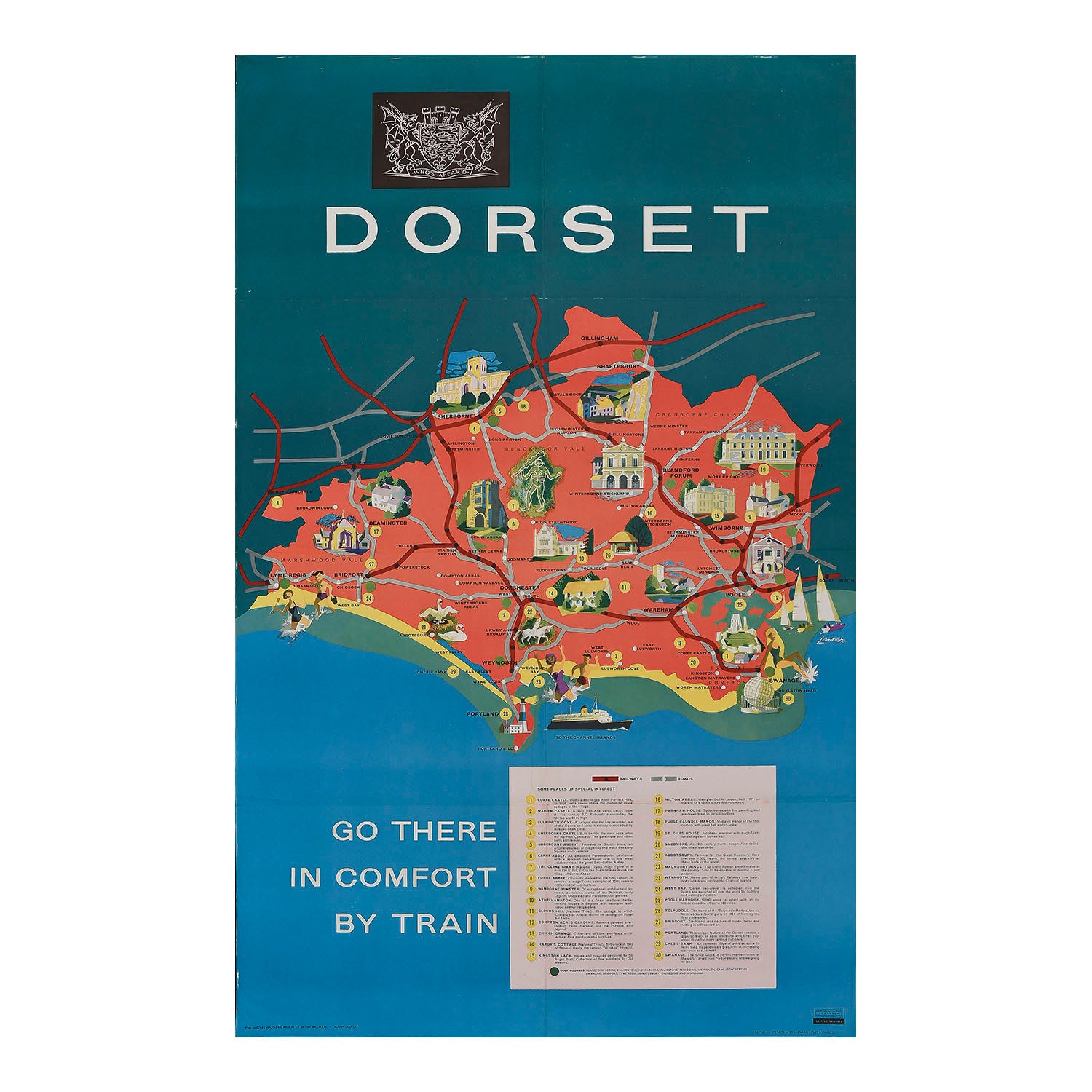 original, decorative poster map of Dorset designed by John Lander for British Railways, 1962. The charming design features vignettes of places to visit, including Lyme Regis, Weymouth, Portland, Lulworth Cove, Swanage, Corfe Castle, and Poole.