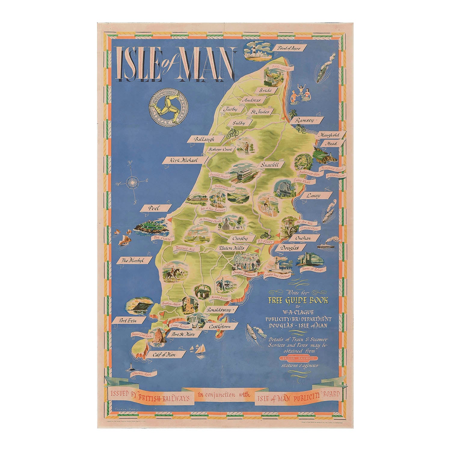 Original British Railways decorative poster map of the Isle of Man by Gordon Davey, 1950. An attractively laid out design featuring vignettes of places to visit, including Ramsey, Douglas, Laxey, Castletown, Peel and Snaefell.