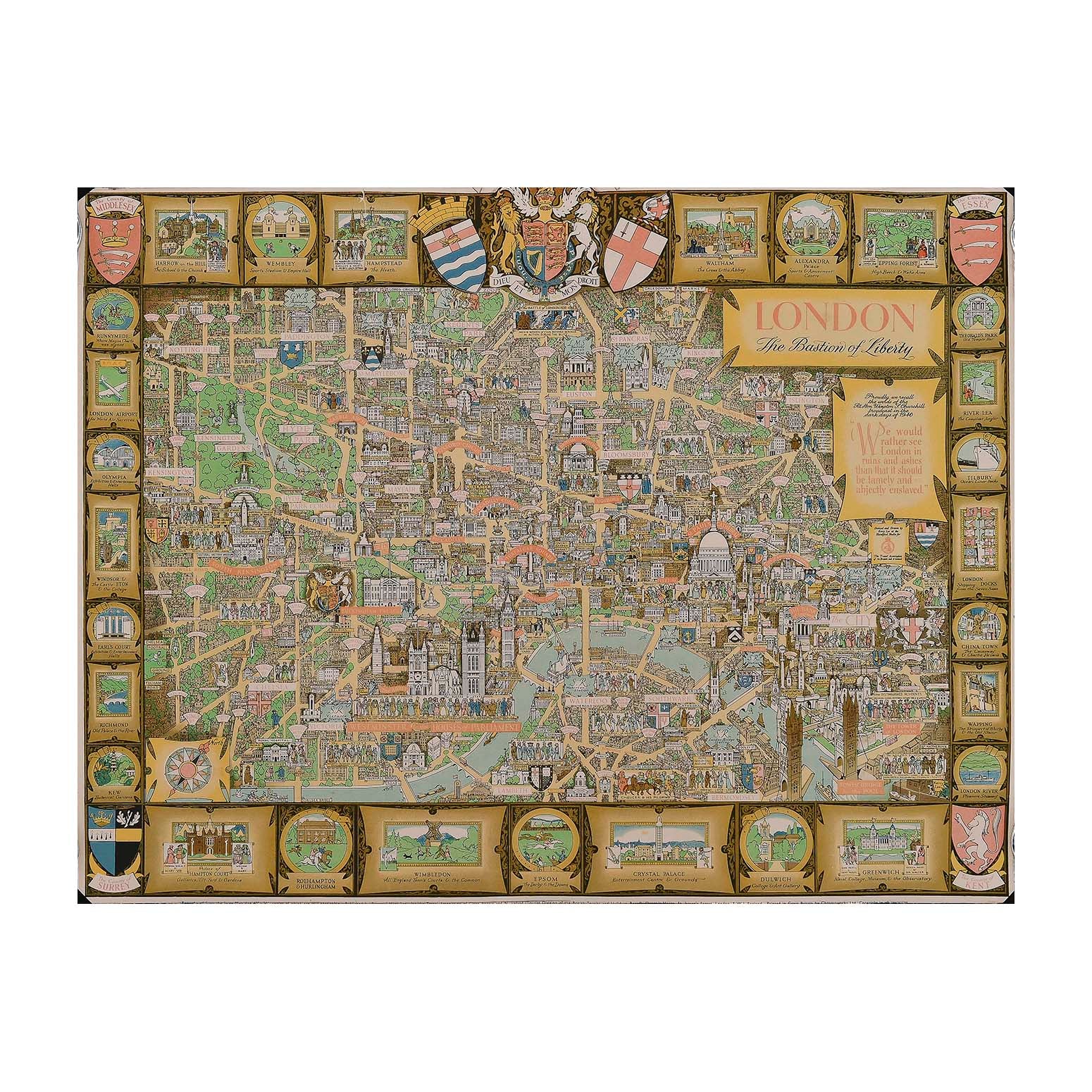 Original pictorial poster map of London, Bastion of Liberty, by the noted poster artist Kerry Lee, published by the British Travel Association, 1946. This highly decorative map is full of period charm, including depictions of historical buildings, famous people, places to visit etc.