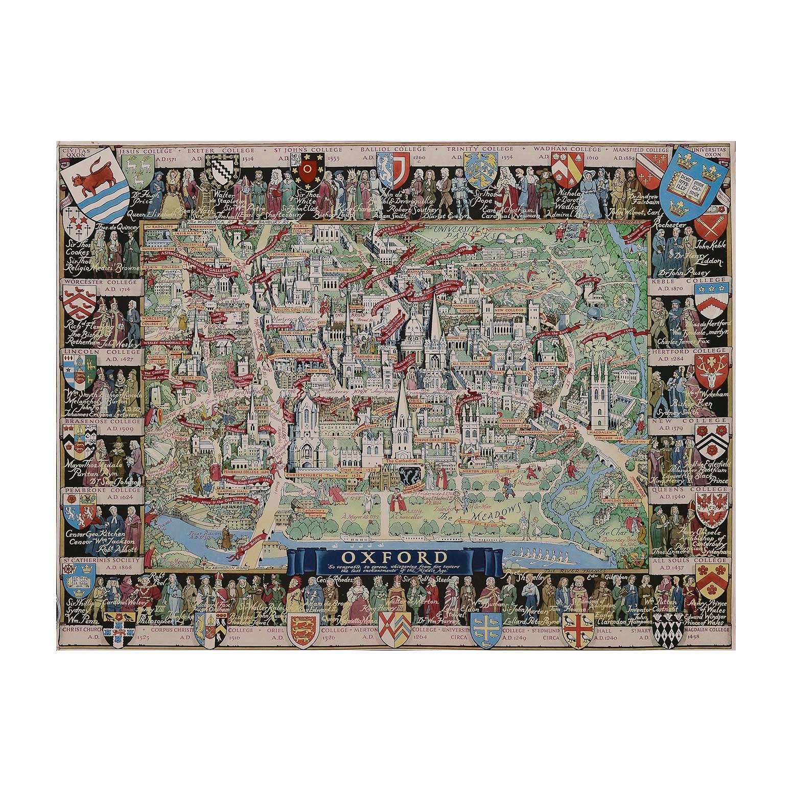pictorial poster map of Oxford by the noted poster artist Kerry Lee, published by the British Travel Association, 1948. This highly decorative map is full of period charm, including depictions of Oxford colleges, students, historical buildings, and places etc. The decorative border features the coats of arms of Oxford University’s many colleges