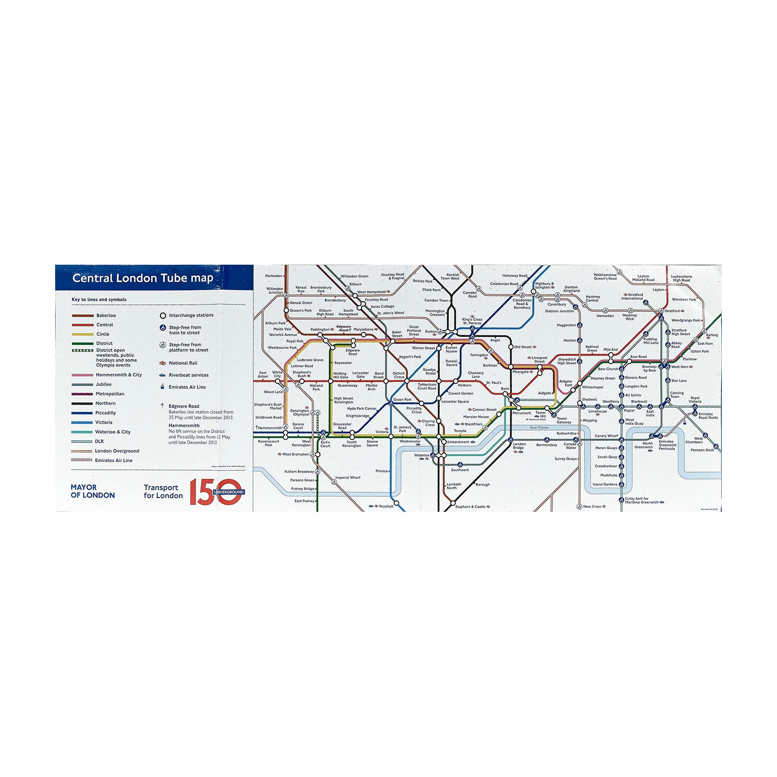 London Underground carriage (or ‘car’) diagrammatic map of the central area, Version A, as fitted to 1995 and 1996 Stock Tube trains. 