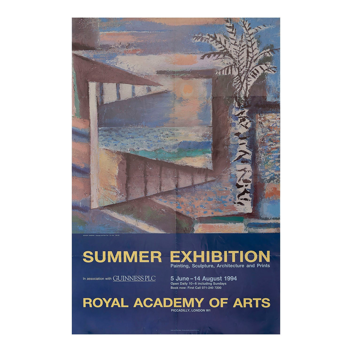 original poster, for the Royal Academy Summer Exhibition in 1994 featuring an original artwork by Anthony Wishaw RA, Seascape with Palm Trees, with layout design by Gordon House.