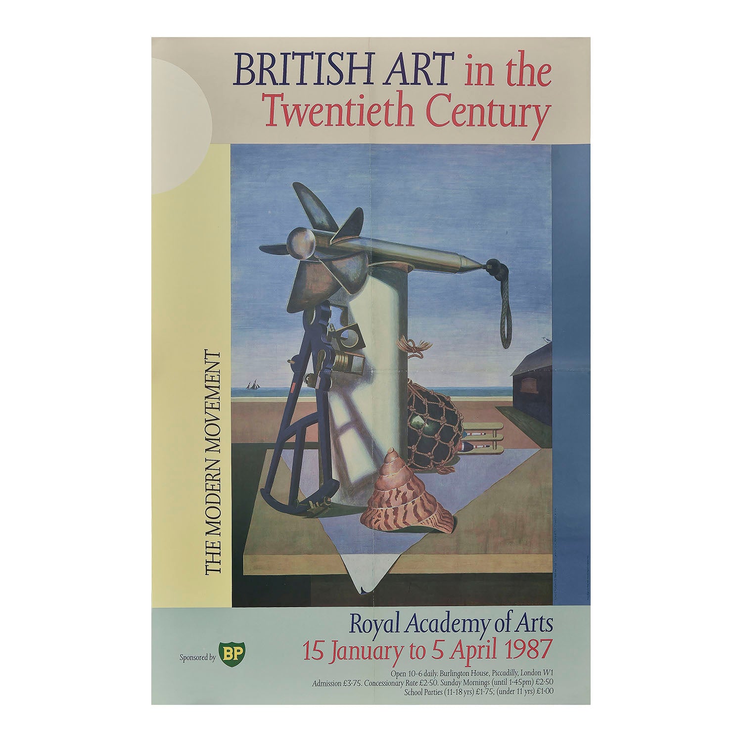 Original art exhibition poster, British Art in the Twentieth Century. The Modern Movement, designed by Philip Miles for the Royal Academy, 1987. The design features North Sea (1928), by the British Modernist artist Edward Wadsworth.