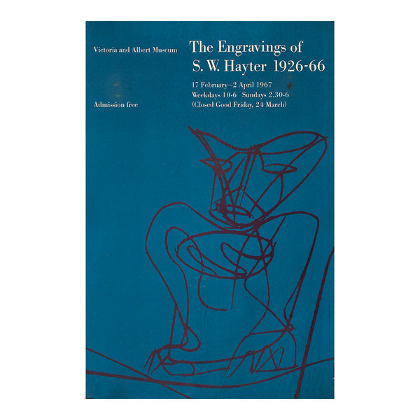 art exhibition poster, The Engravings of Stanley William Hayter, designed by Peter Branfield for the Victoria and Albert Museum, 1967. The design reproduces a figure from Burin Studies (1943) by Stanley William Hayter