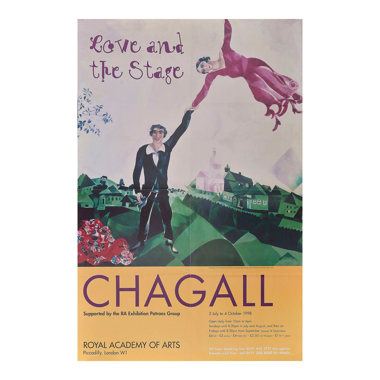 Original art exhibition poster, Chagall. Love and the Stage, held at the Royal Academy of Arts, 1988. The design features a detail from Promenade (1917-18) by Marc Chagall