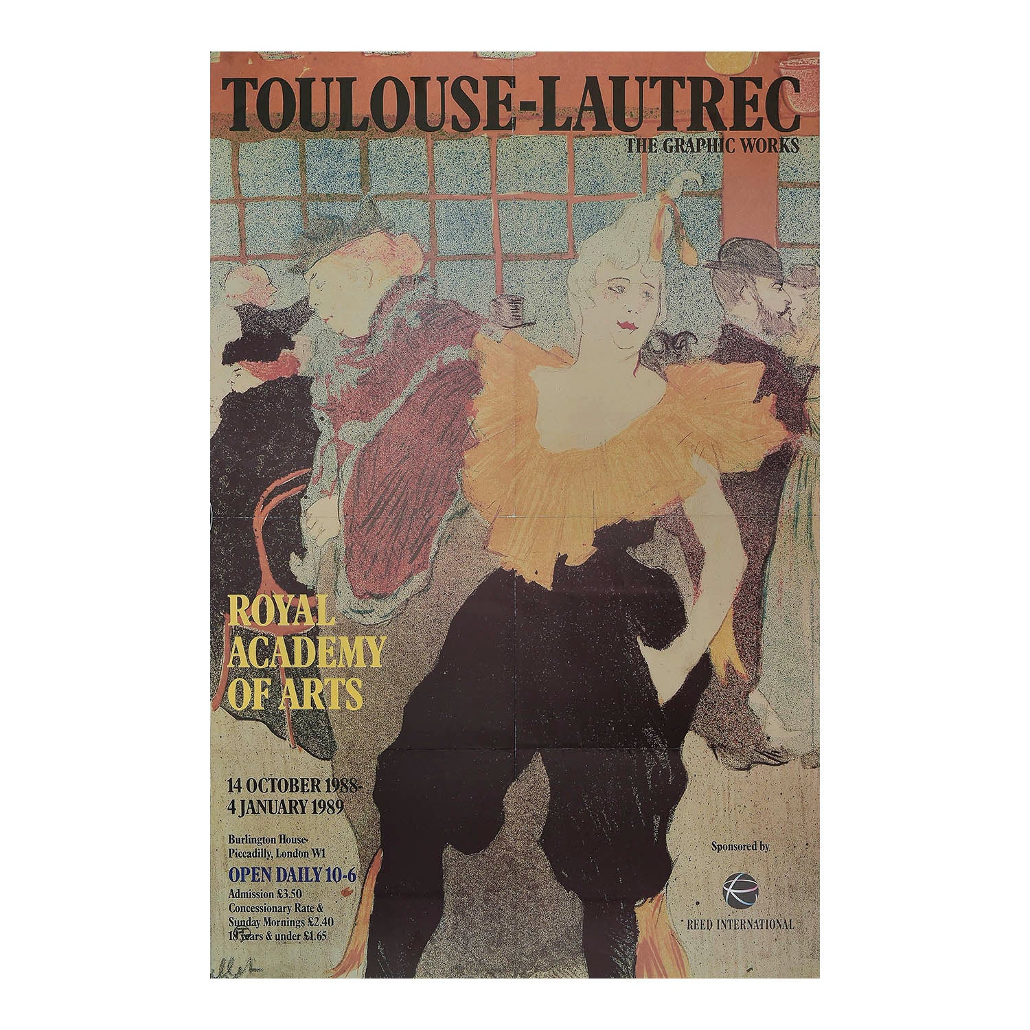 Original art exhibition poster, Toulouse Lautrec. The Graphic Works, designed by Philip Miles for the Royal Academy of Arts, 1988. The design features a detail of The Clown Cha-U-Kao at the Moulin Rouge (1897) by Henri de Toulouse-Lautrec.