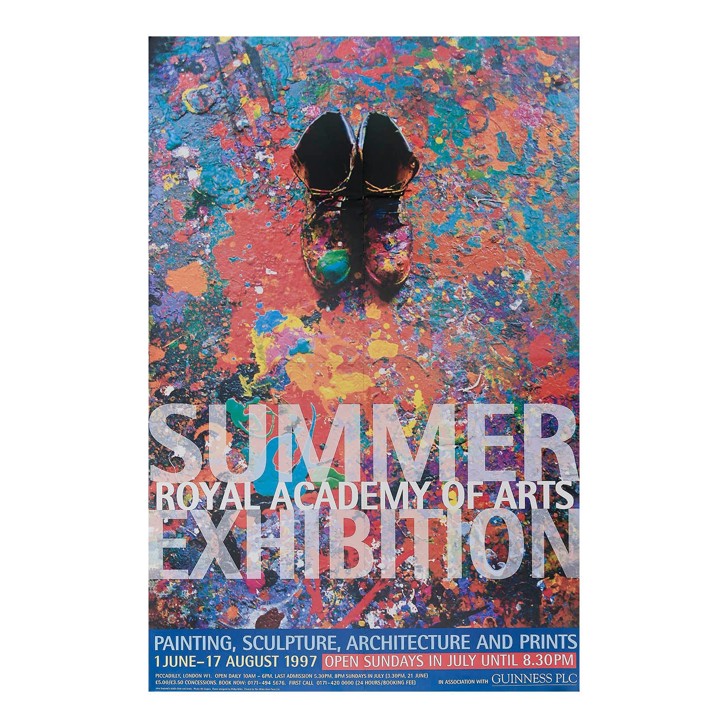 original poster, for the Royal Academy Summer Exhibition in 1997 featuring a photograph of the artist John Hoyland's studio floor and paint splattered boots