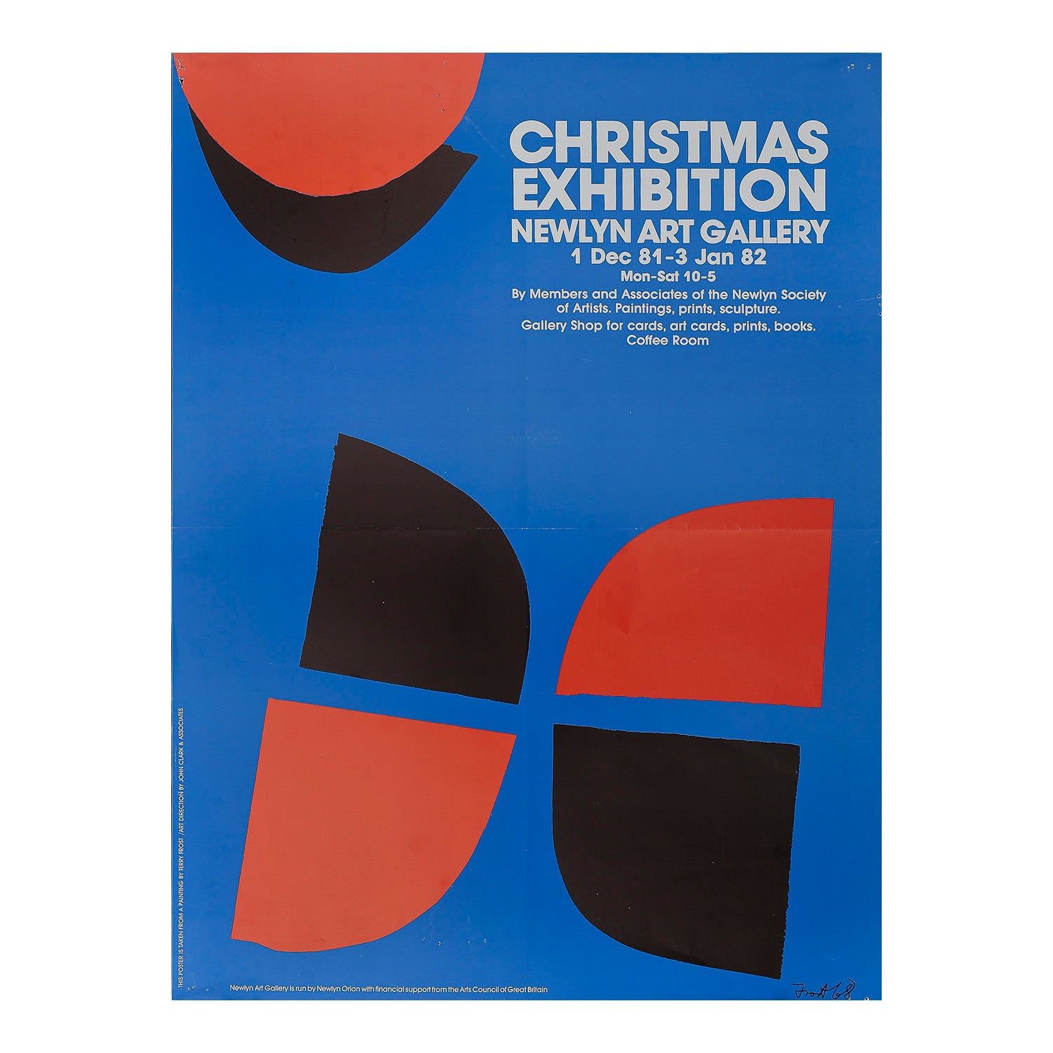 Original art exhibition poster, Christmas Exhibition, held at the Newlyn Art Gallery, 1981. The design features a 1968 painting by the British abstract artist Terry Frost (1915 – 2003)