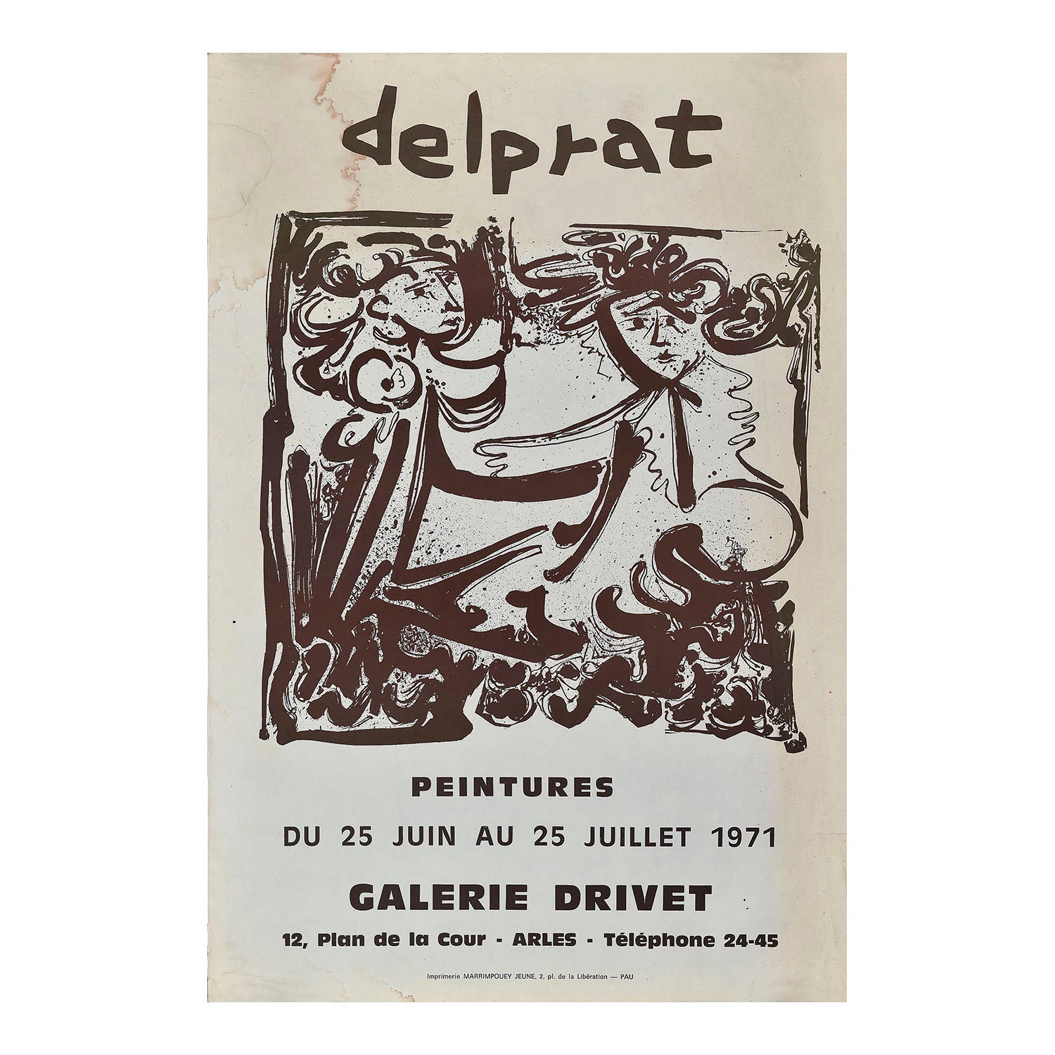 Original art exhibition poster, Delprat. Peintures, Galerie Drivet, France 1971