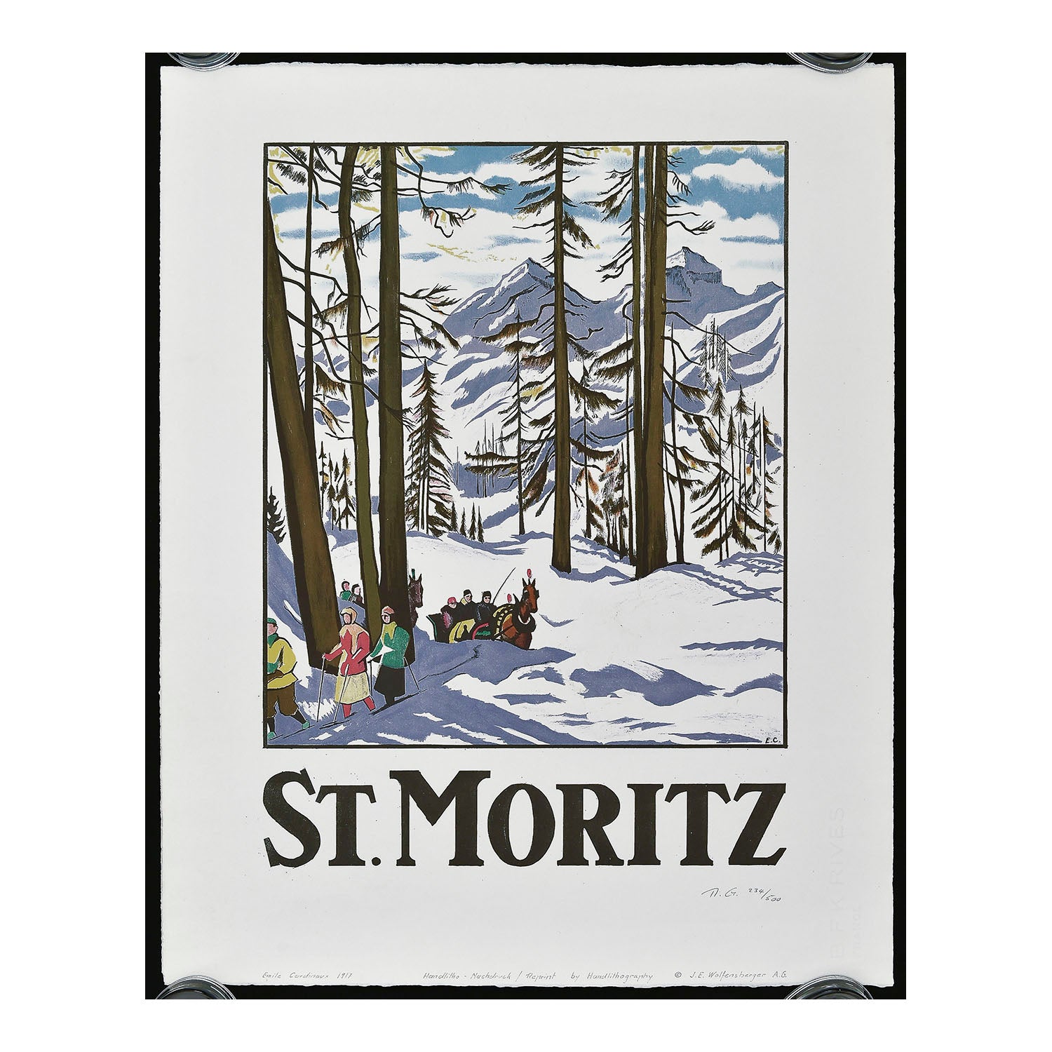 lithographic reprint of St Moritz, by Emil Cardinaux (1877-1936), originally published in 1917. Regarded as a masterpiece of early poster art, the image depicts a group of cross-country skiers accompanied by horse drawn sleighs against a wintry St. Moritz landscape