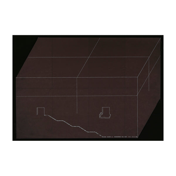 Original architecture exhibition poster The Poetic Theatre 3, held at the Kunstnernes Hus, Oslo, 1983. The poster’s very unusual format (photographed here against a black background) shows a basic layout drawing of a room with entrance and exit