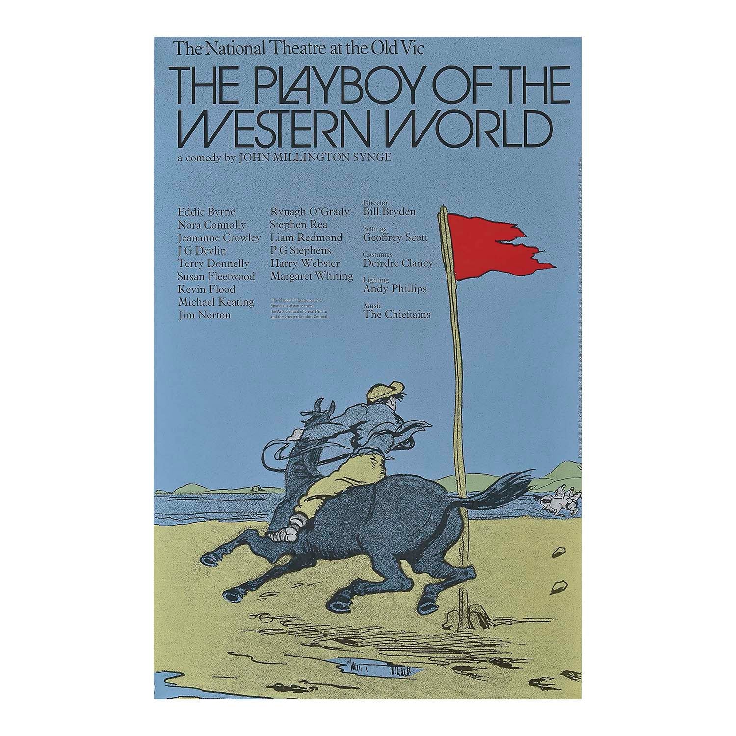 outstanding, original, theatre poster for a production of The Playboy of the Western World at the National Theatre, London, 1975, designed by Richard Bird & Michael Mayhew. The three-act play was written by Irish playwright John Millington Synge and first performed at the Abbey Theatre, Dublin, on 26 January 1907. The main image for the poster is taken from a painting by Irish artist Jack Yeats which was used for the first production.