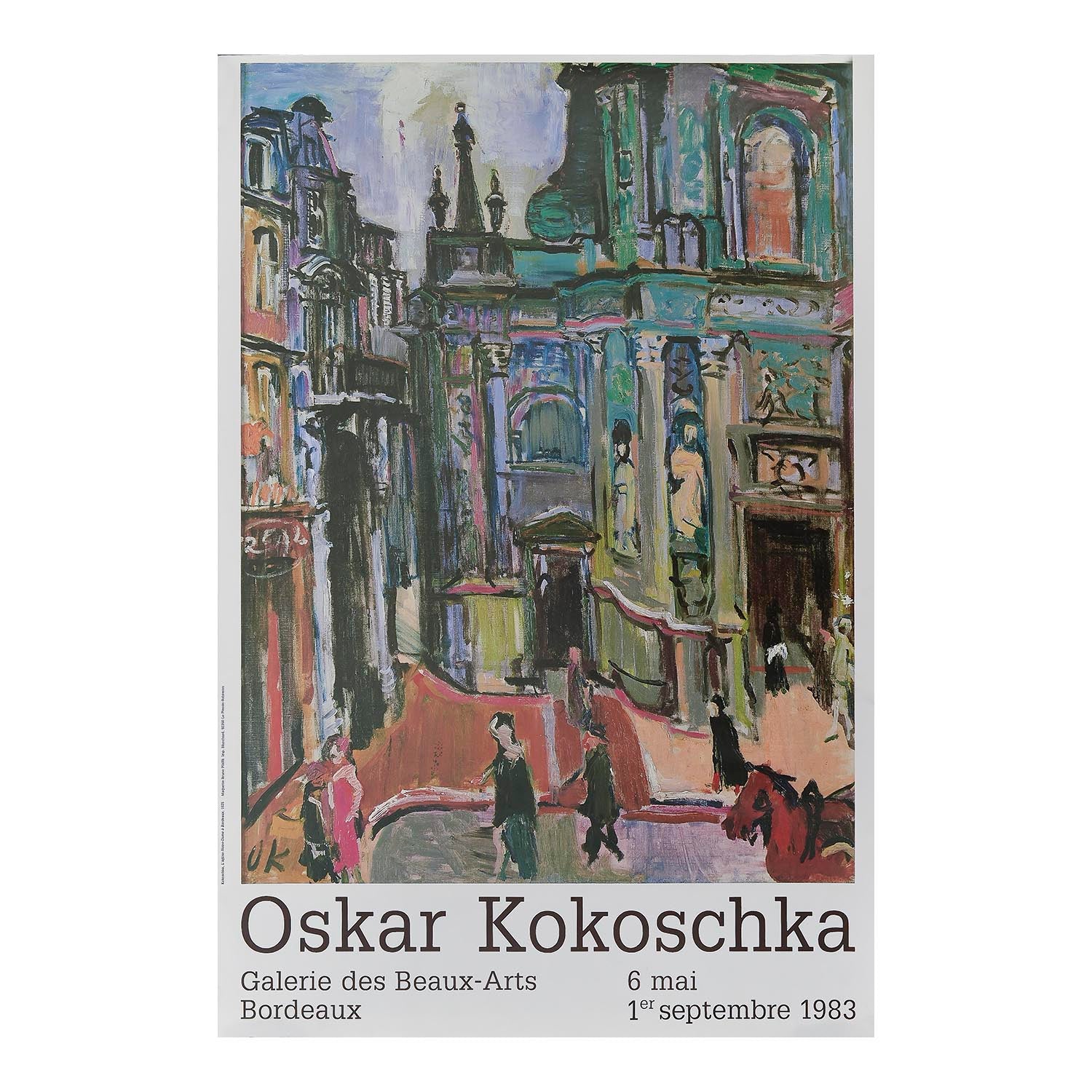 Original art exhibition poster, Oskar Kokoschka, Galerie des Beaux-Arts Bordeaux 1983. The design features The Church of Notre-Dame, Bordeaux (1925)