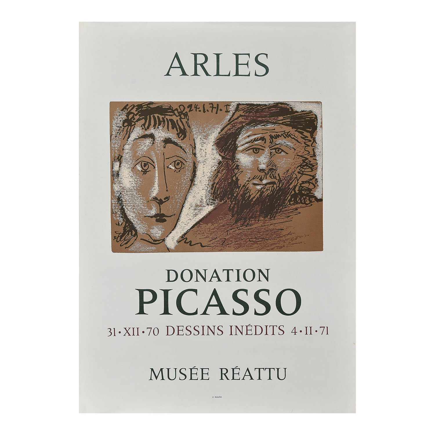 Original art exhibition poster, Donation Picasso Musée Réattu, Arles, 1971. The poster promotes the donation of 57 recent works by Pablo Picasso to the Musée Réattu in Arles, southern France.