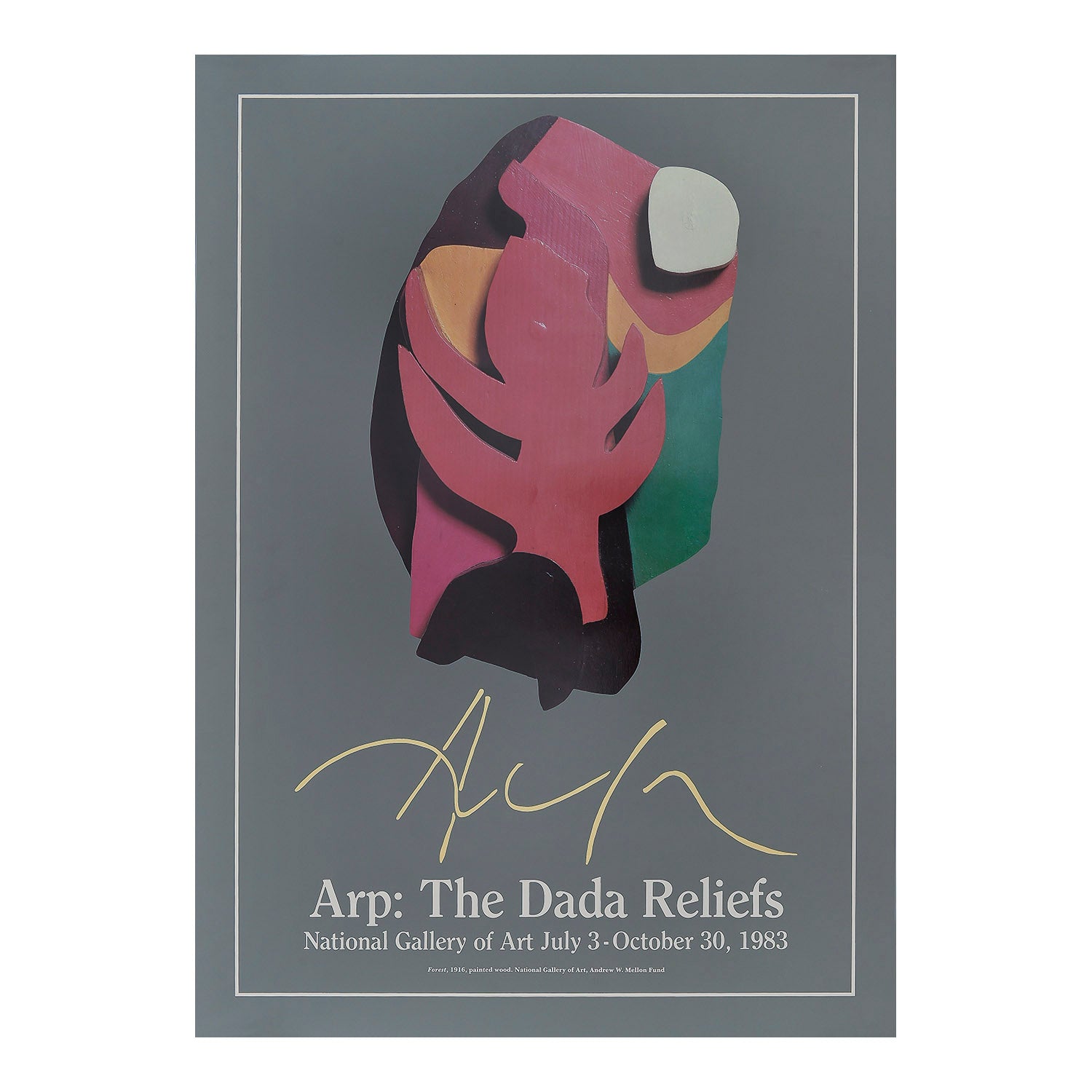 art exhibition poster, Arp: The Dada Reliefs, National Gallery of Art, 1983. The design features a painted wood relief Forest (1916) by the German-French sculptor and painter Hans Peter Wilhelm Arp (better known as Jean Arp in English