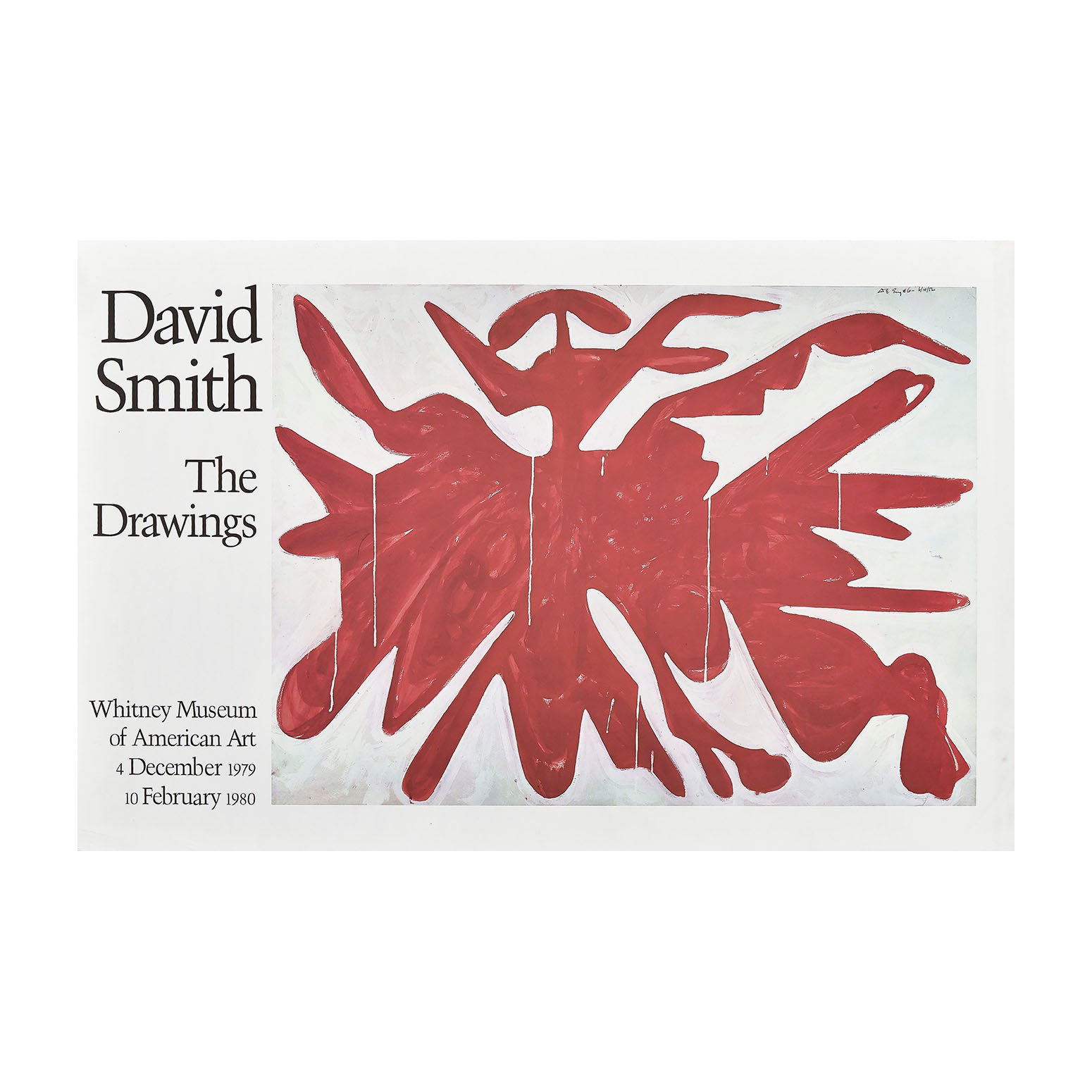  art exhibition poster, David Smith. The Drawings, held at the Whitney Museum of American Art, 1979. The design features a 1952 abstract drawing by the American expressionist sculptor and painter David Smith