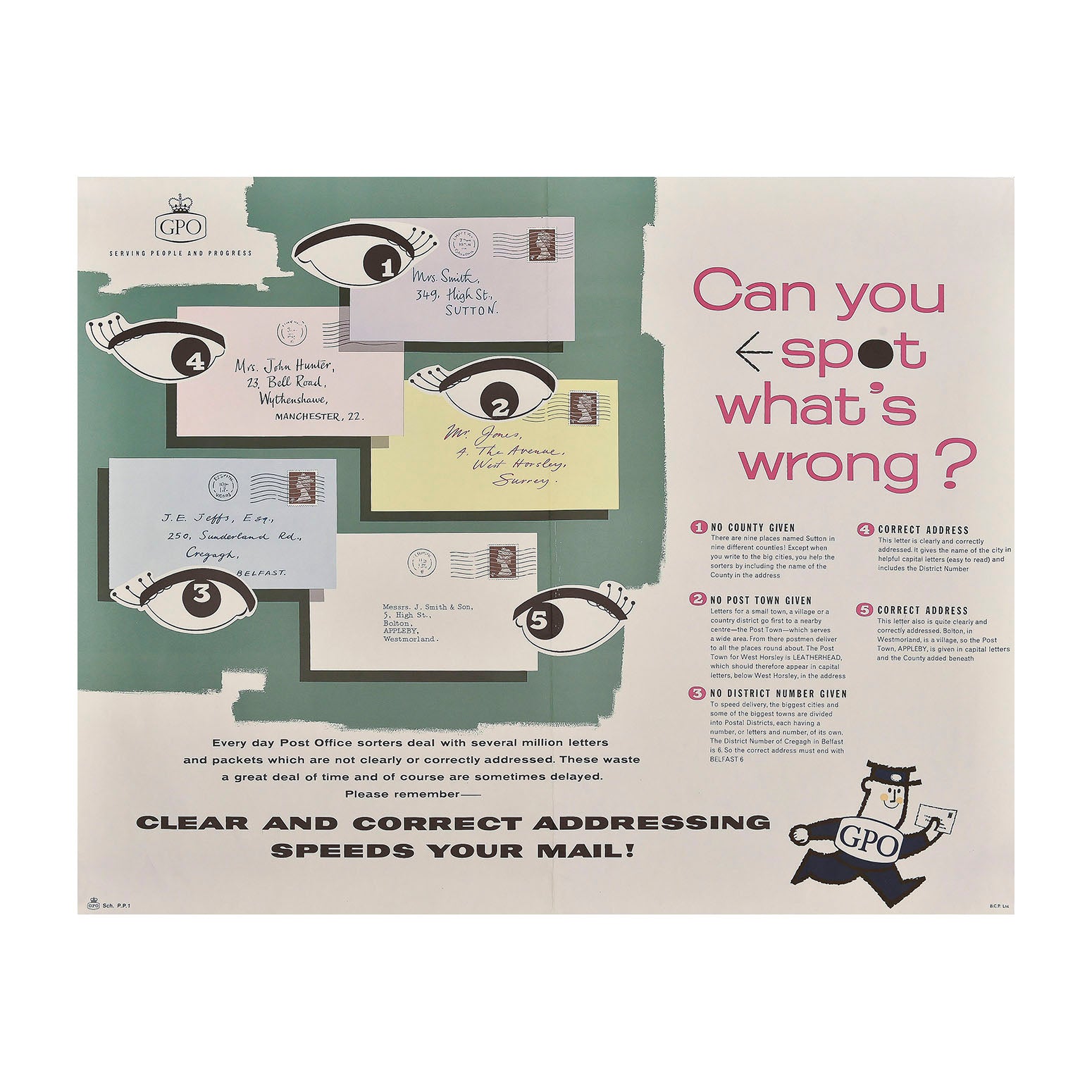 Original, large format, 1960s General Post Office (GPO) information poster, showing the correct way to address an envelope. 