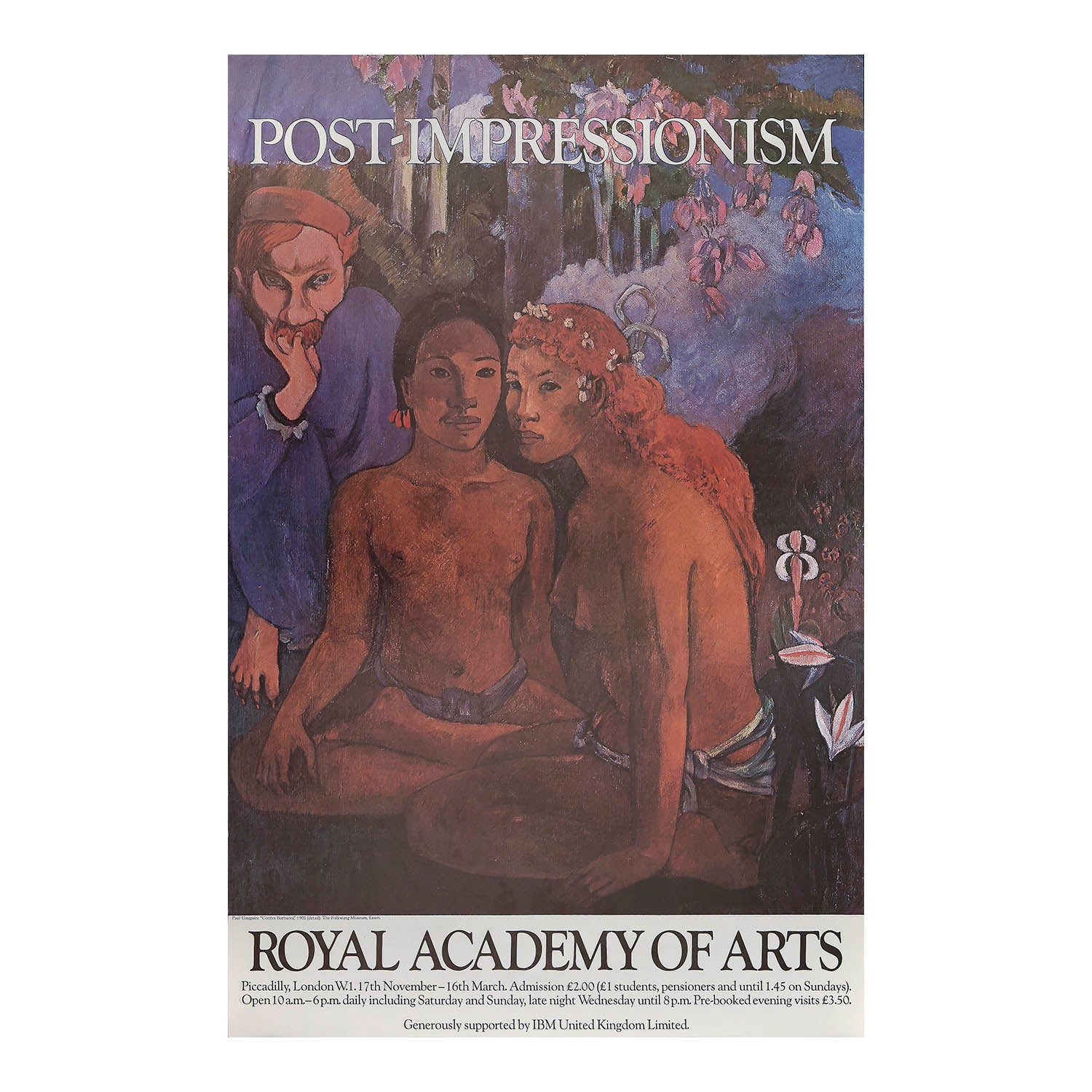 Original art exhibition poster, Post Impressionism, Royal Academy of Arts, c. 1980. The design includes a detail from Contes Barbares (1902) by Paul Gauguin.