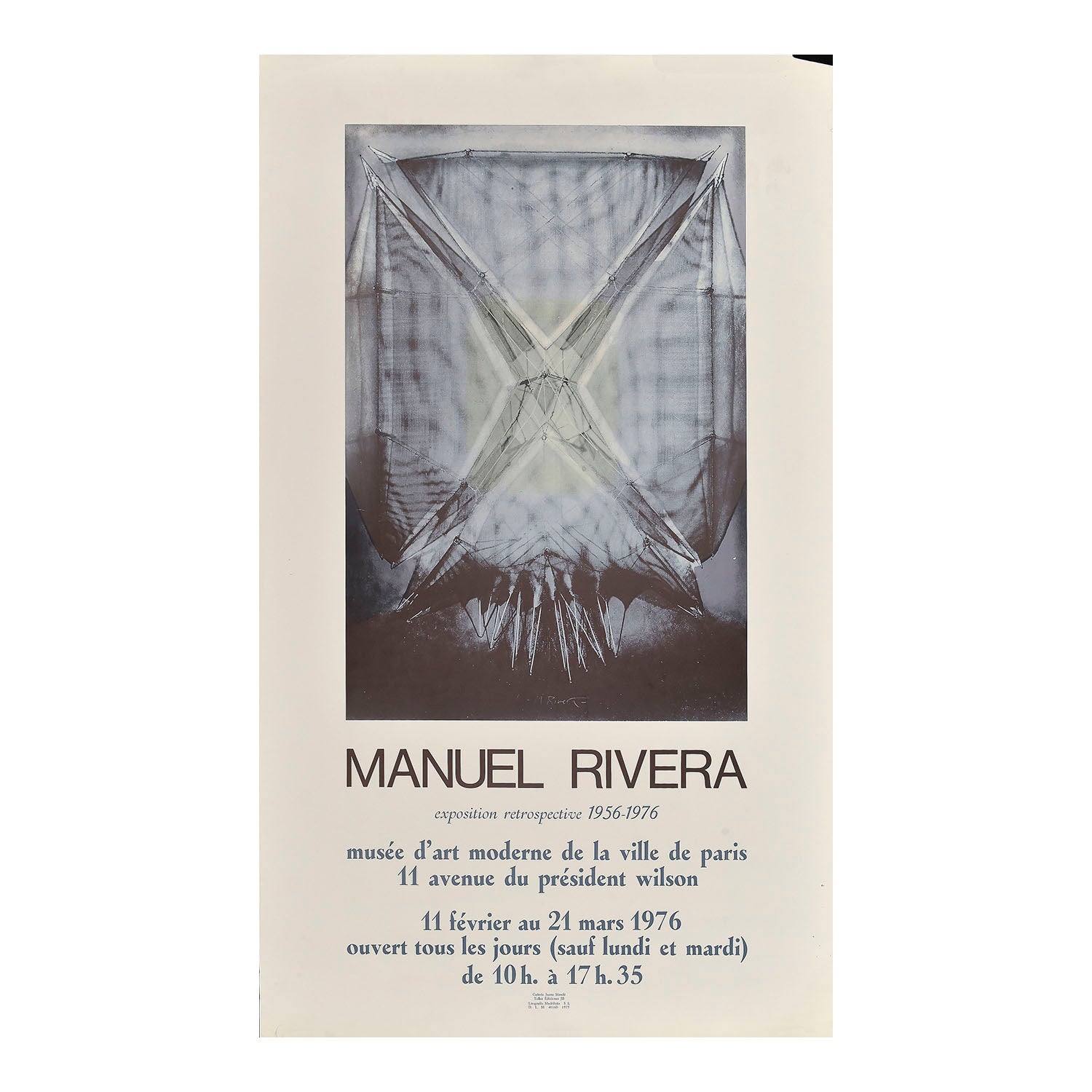 Original art exhibition poster, Manuel Rivera exposition retrospective 1956-1976, Musée d'Art Moderne de Paris, 1976. The design features an artwork by the Spanish painter Manuel Rivera (1927– 1995).