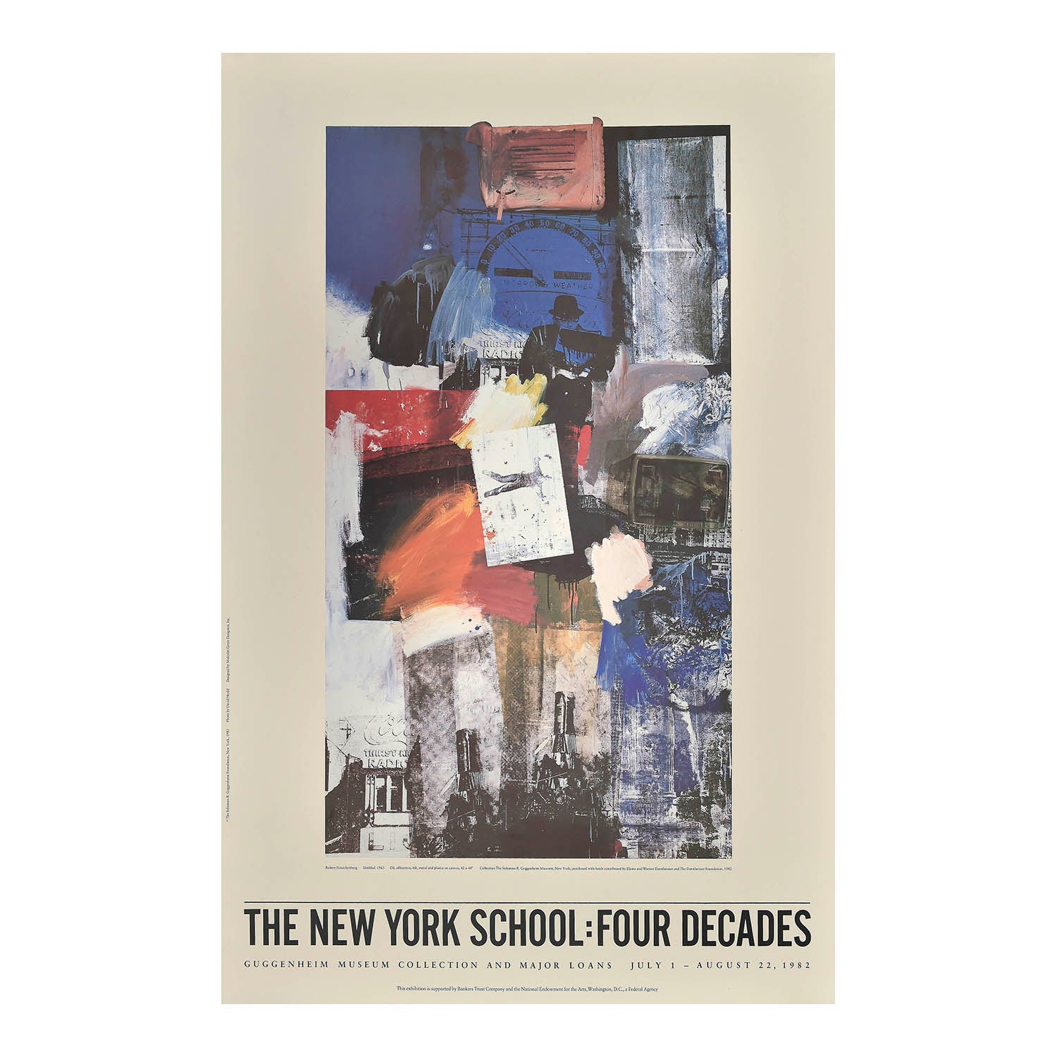 art exhibition poster, The New York School: Four Decades, Guggenheim Museum Collection, 1982. The design features Untitled (1963) by Robert Rauschenberg