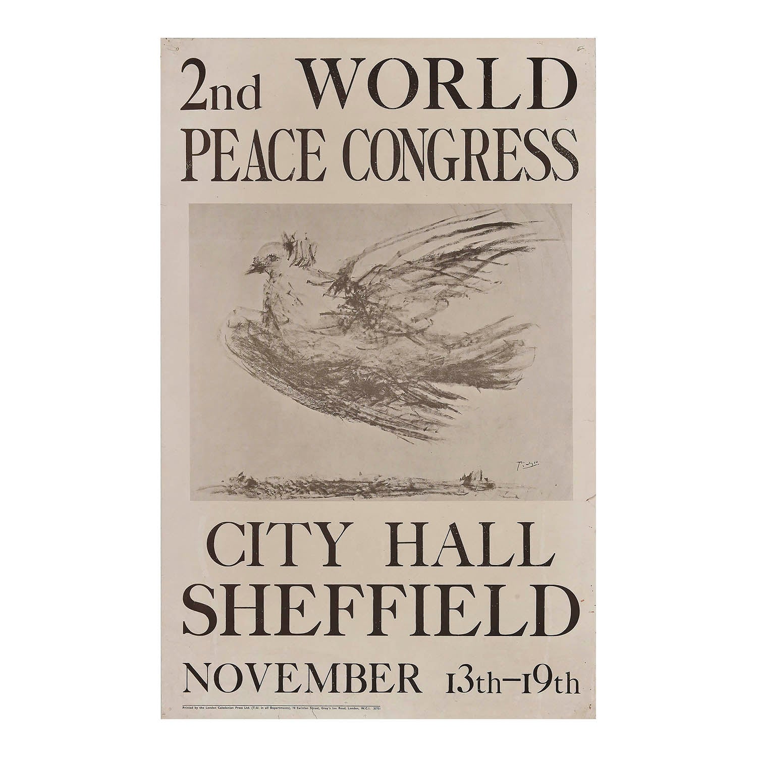 extremely rare poster for the Second World Congress of the Partisans of Peace (WCPP), featuring the Dove of Peace designed specifically for the event by Pablo Picasso, 1950.