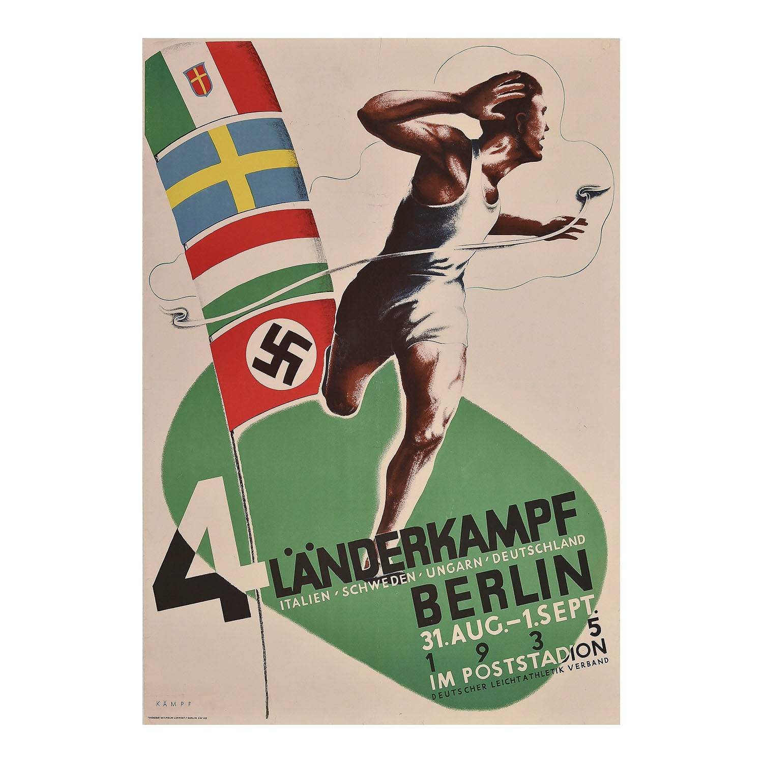 original poster for the 1935 Berlin Länderkampf (international sporting competition) organised by the German Athletics Association. The competition was held at the Poststadion stadium and included competitors from Italy, Sweden, Hungary and German. The poster design, by Arthur Kampf, features a runner crossing the finishing line with the flags of the competing nations in the background