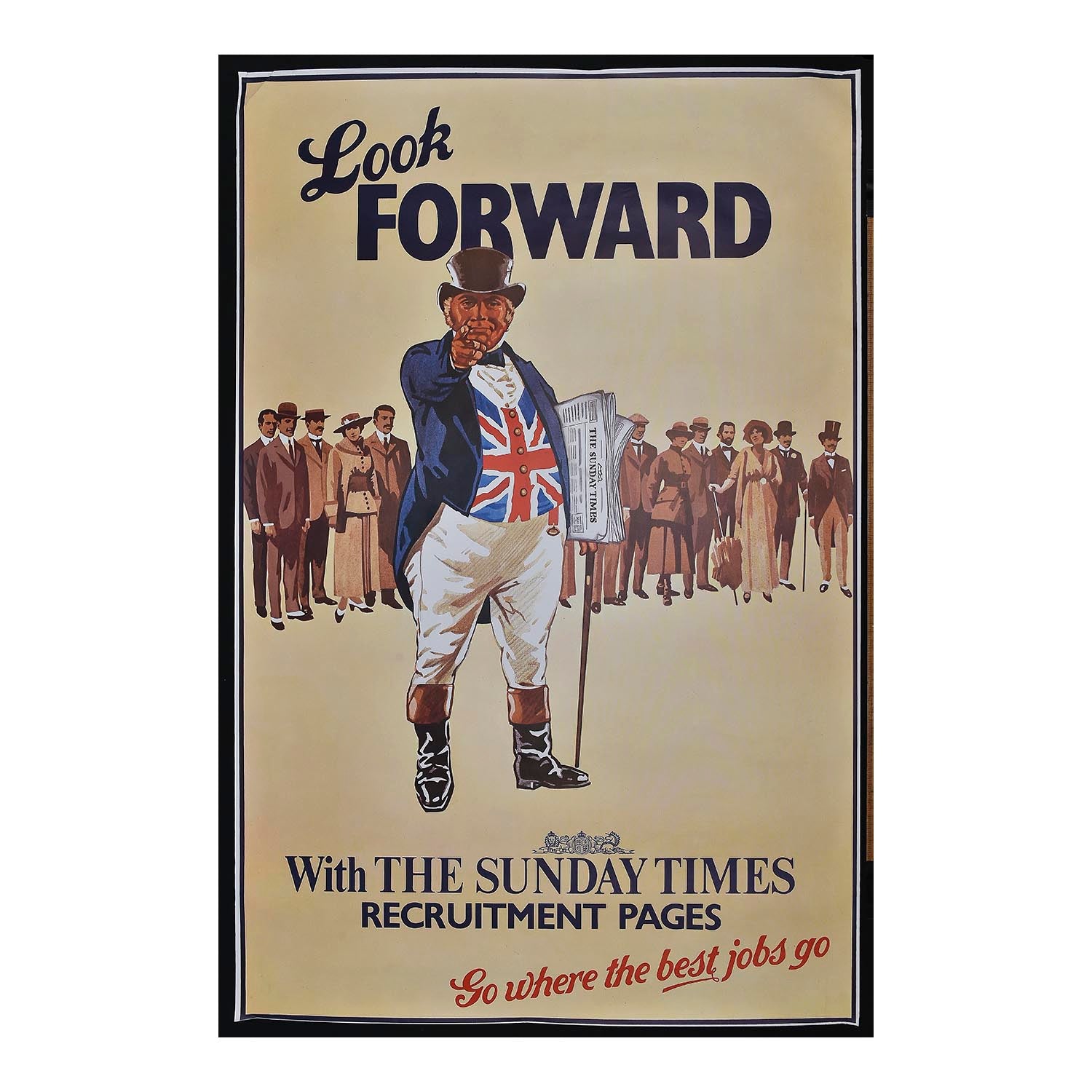 Original, hoardings sized, poster for The Sunday Times, advertising the newspaper’s ‘recruitment’ section, 1980. The design repurposes a well-known First World Ward recruiting poster, featuring the character of John Bull accusingly pointing his finger at the viewer