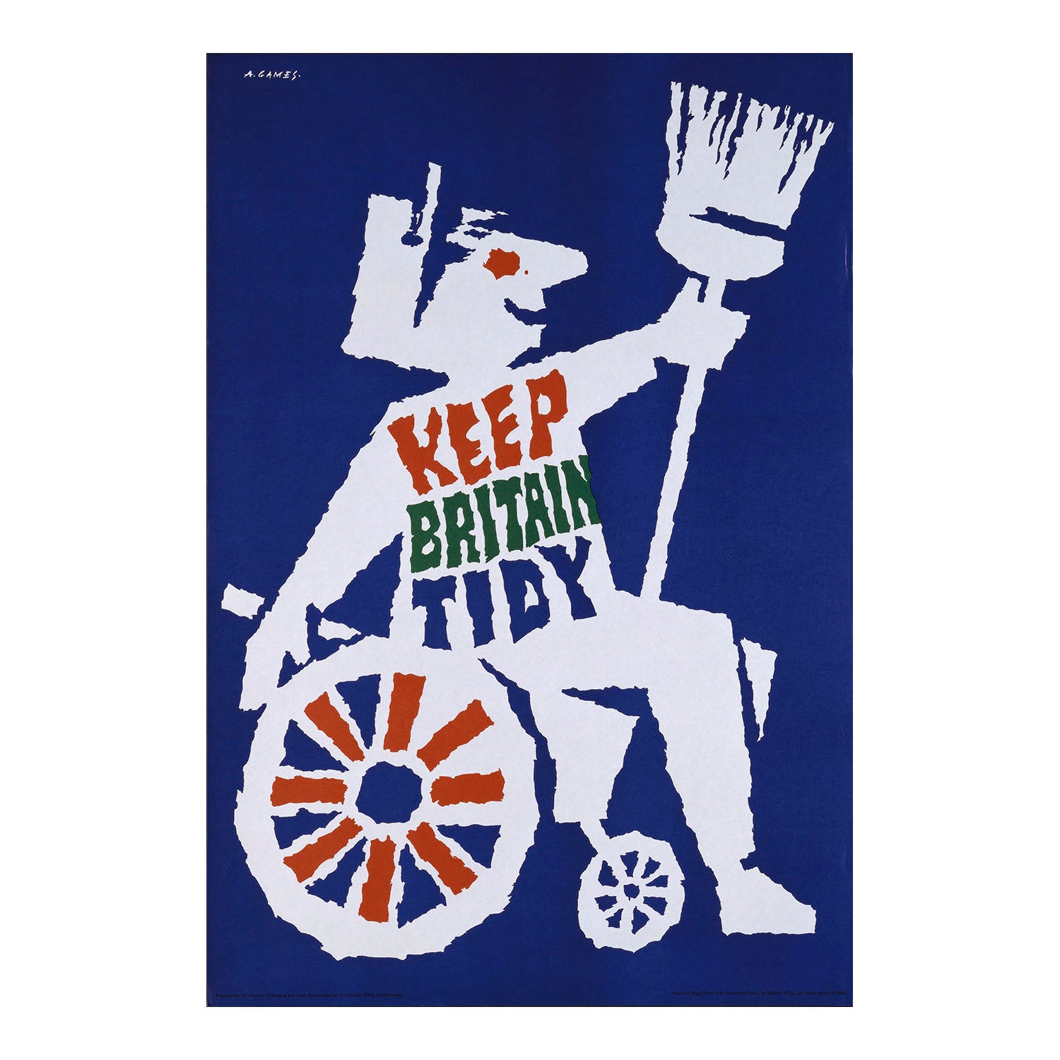 Keep Britain Tidy poster, Abram Games, 1963. Pastiche of Britannia, with a figure seated in a dust cart holding a road brush while the spokes of the wheel cleverly represent the traditional Union Flag shield