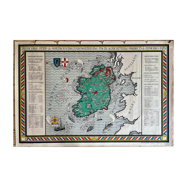 Empire Marketing Board poster map designed by Leslie MacDonald ('Max') Gill. This design, for Northern Ireland & The Irish Free State, was published in 1929