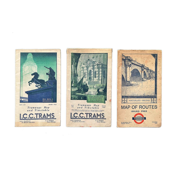 Three original London County Council (LCC)/London Transport Tramways folding maps, with illustrated covers depicting Big Ben & Boadicea (May 1932), York Water Gate (May 1933), Waterloo Bridge (November 1933)